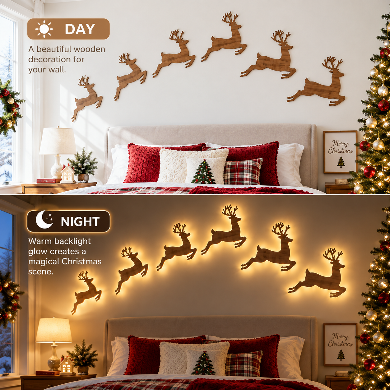 🦌 6-Piece Light-Up Wooden Reindeer Wall Decor Set