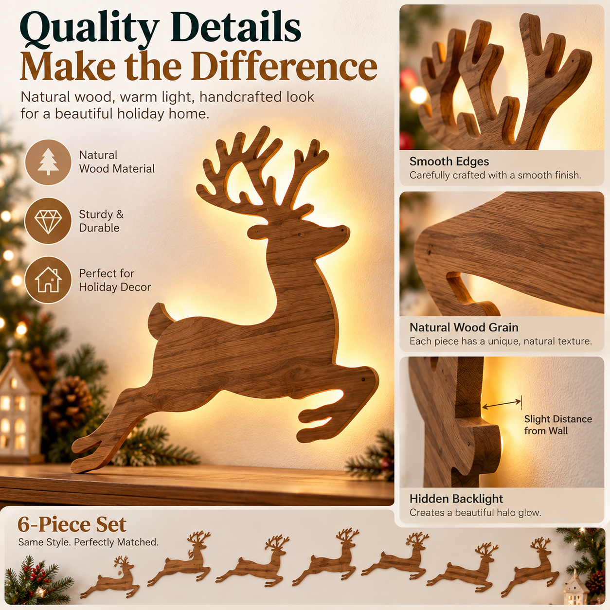 🦌 6-Piece Light-Up Wooden Reindeer Wall Decor Set