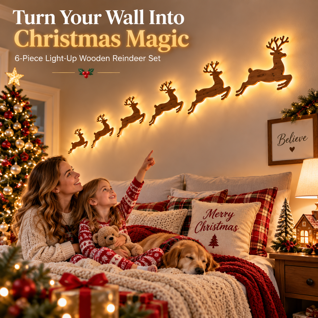 🦌 6-Piece Light-Up Wooden Reindeer Wall Decor Set