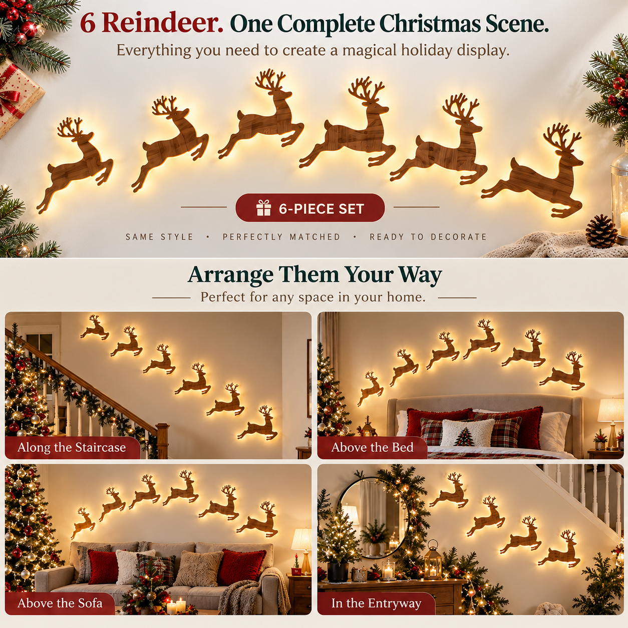 🦌 6-Piece Light-Up Wooden Reindeer Wall Decor Set