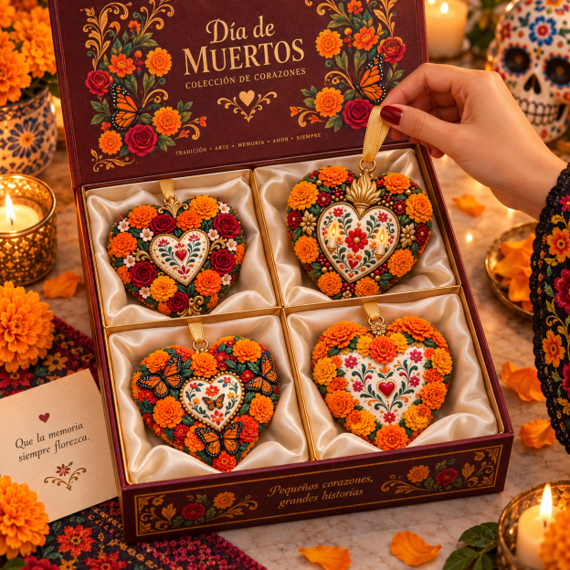 Día de Muertos Marigold Heart Ornament  – Floral Hanging Keepsake Collection, Meaningful Day of the Dead Gift for Family & Loved Ones