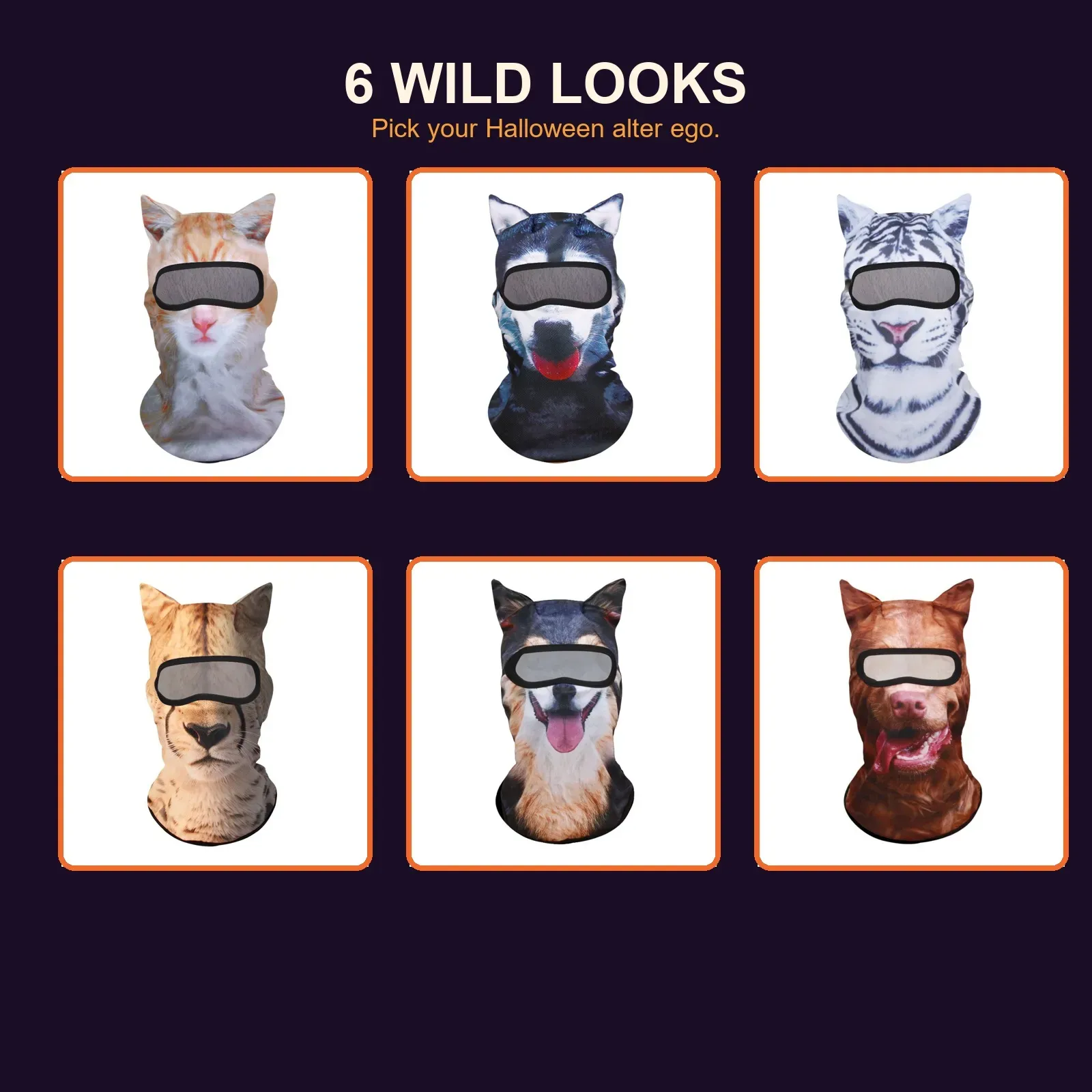 Six available 3D animal hood prints arranged in a Halloween style grid