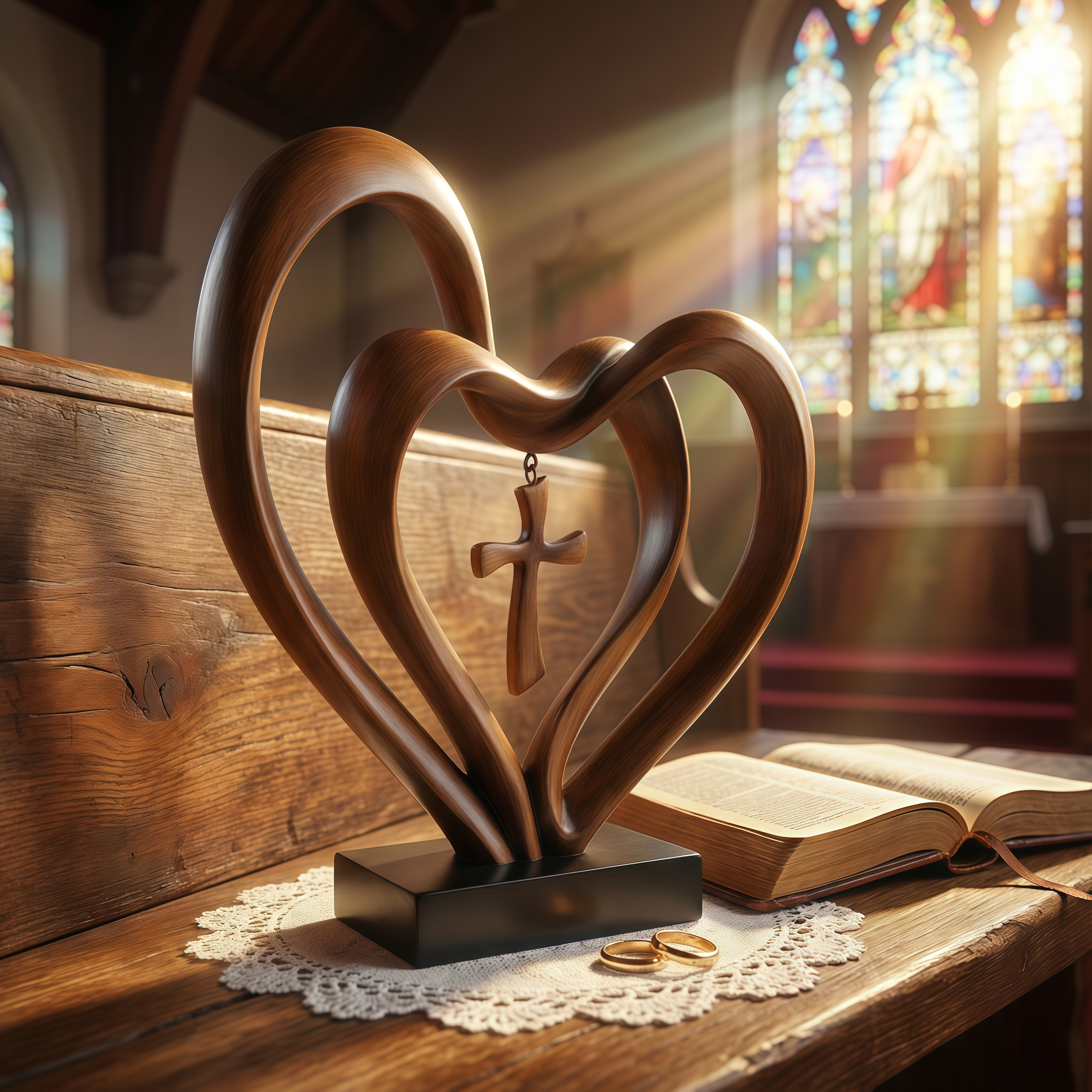 ✝Marriage Takes Three – Entwined Heart & Cross Christian Wedding Sculpture