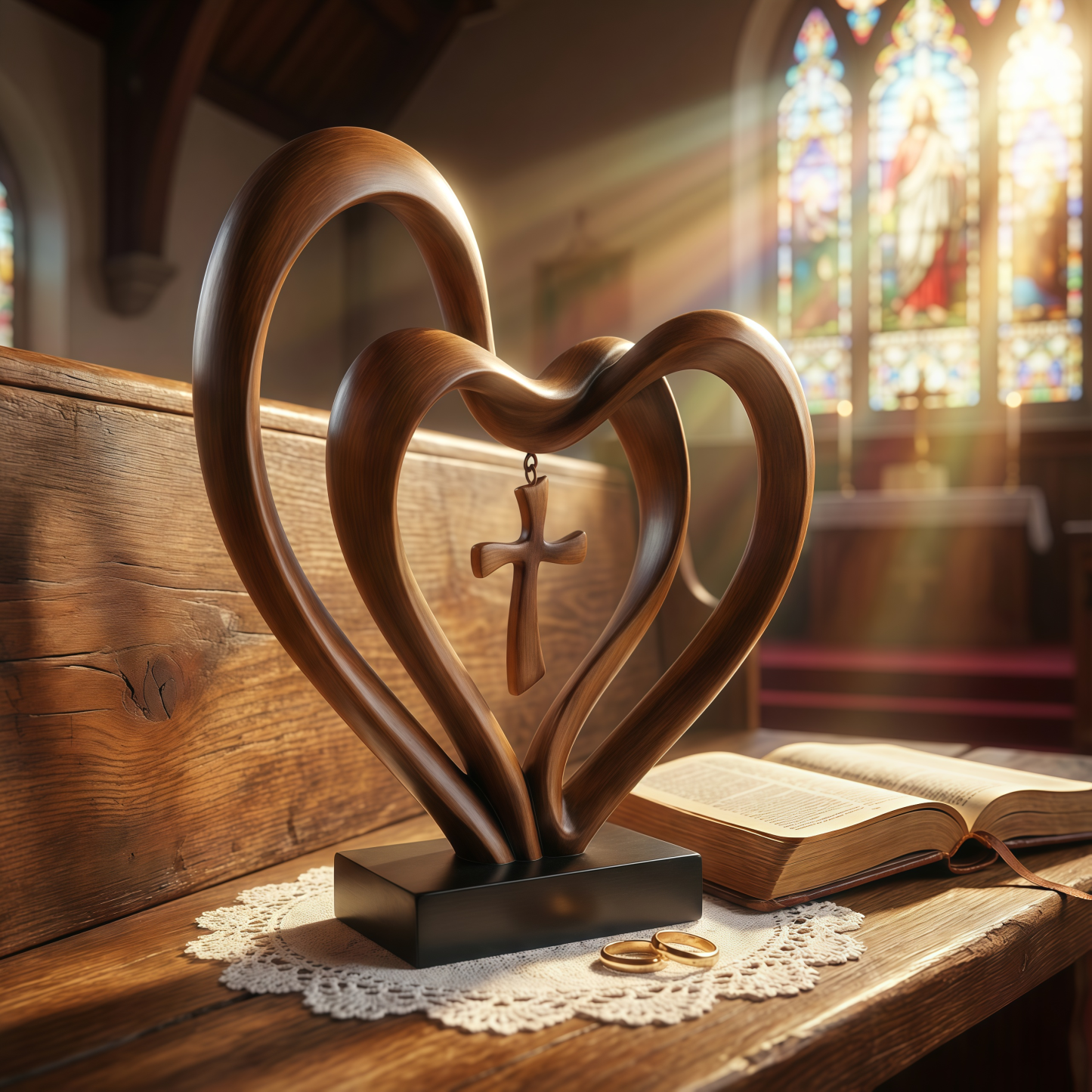 ✝Marriage Takes Three – Entwined Heart & Cross Christian Wedding Sculpture