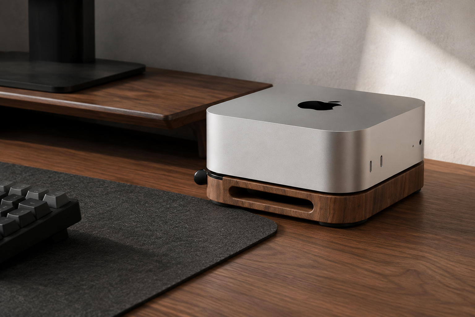 Mac mini stand in a refined workspace