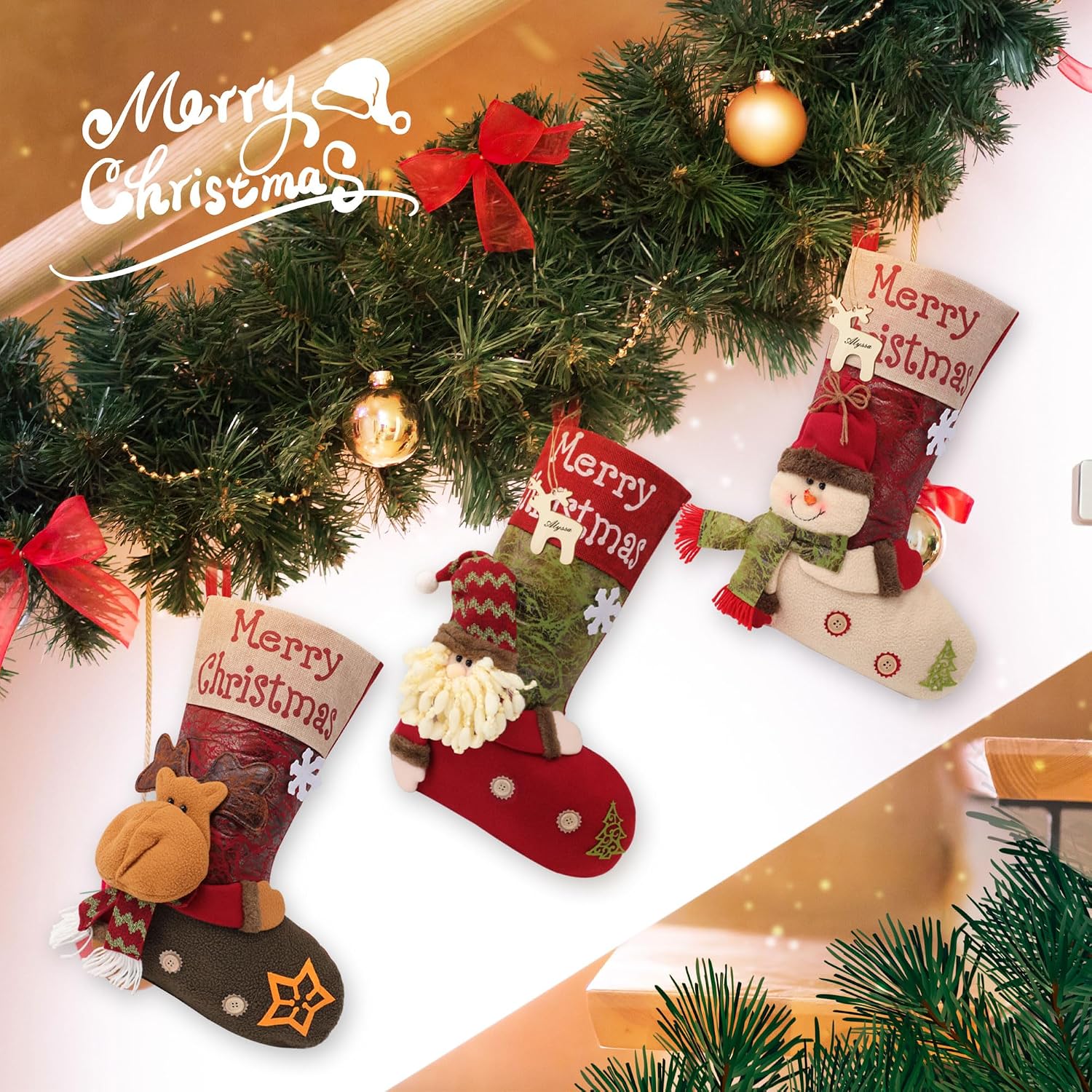 Three Christmas stocking designs on a holiday flat lay