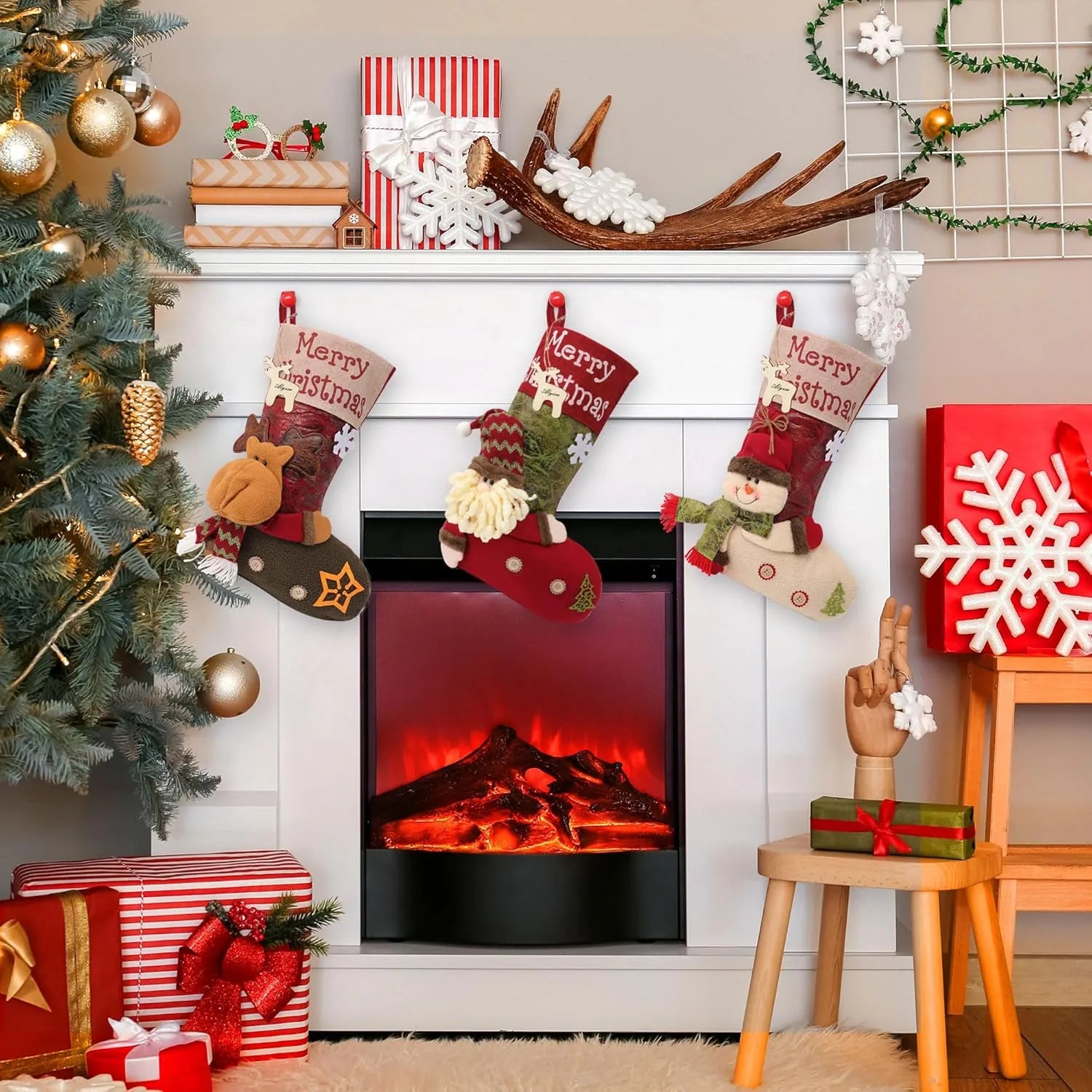 Christmas stockings arranged above a fireplace