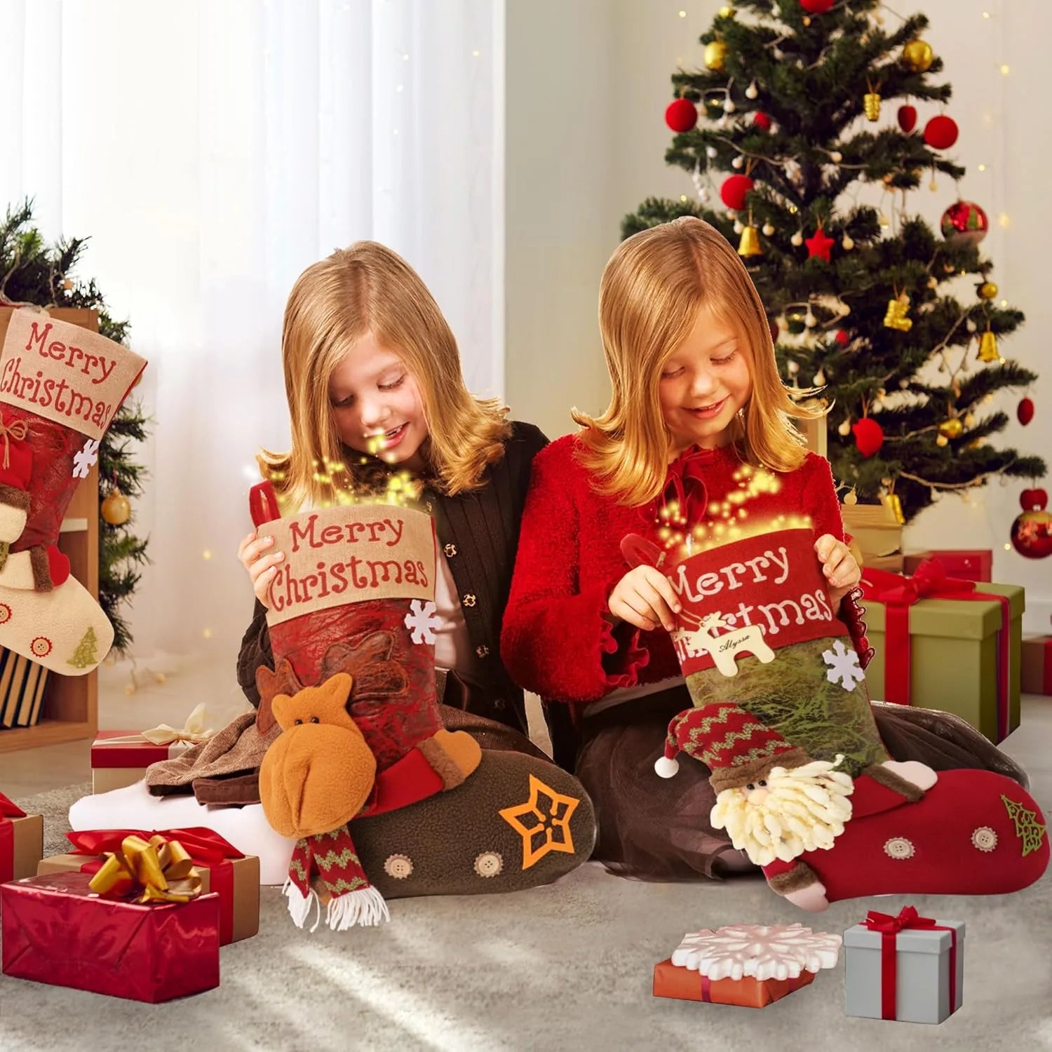 Christmas stockings styled for children around the tree