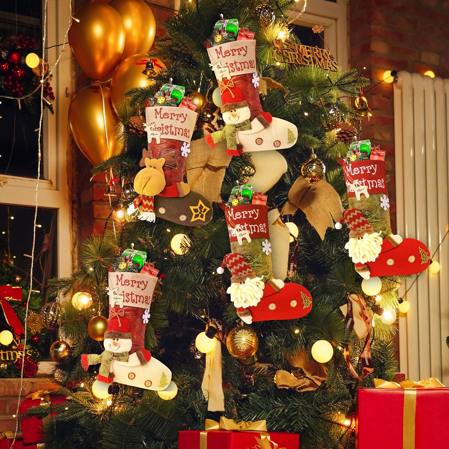 Christmas stockings hanging as tree decorations