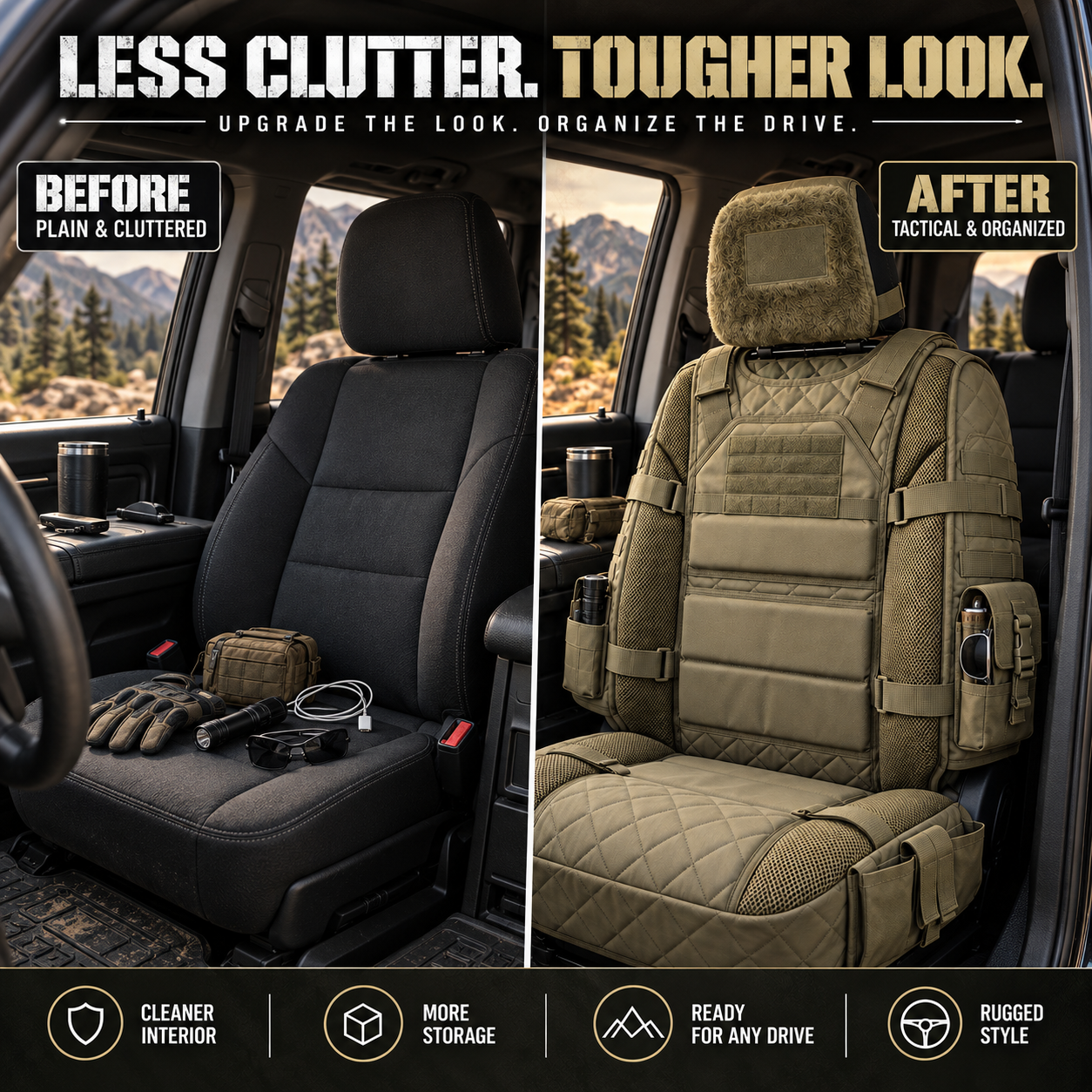 Pickup interior before and after organization