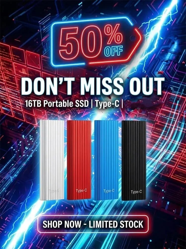 🏆Flash Sale⚡ 50K+ SOLD! Almost Gone-🔥16TB Large-Capacity Type-C Portable Mini SSD (Buy 2 Free Shipping)