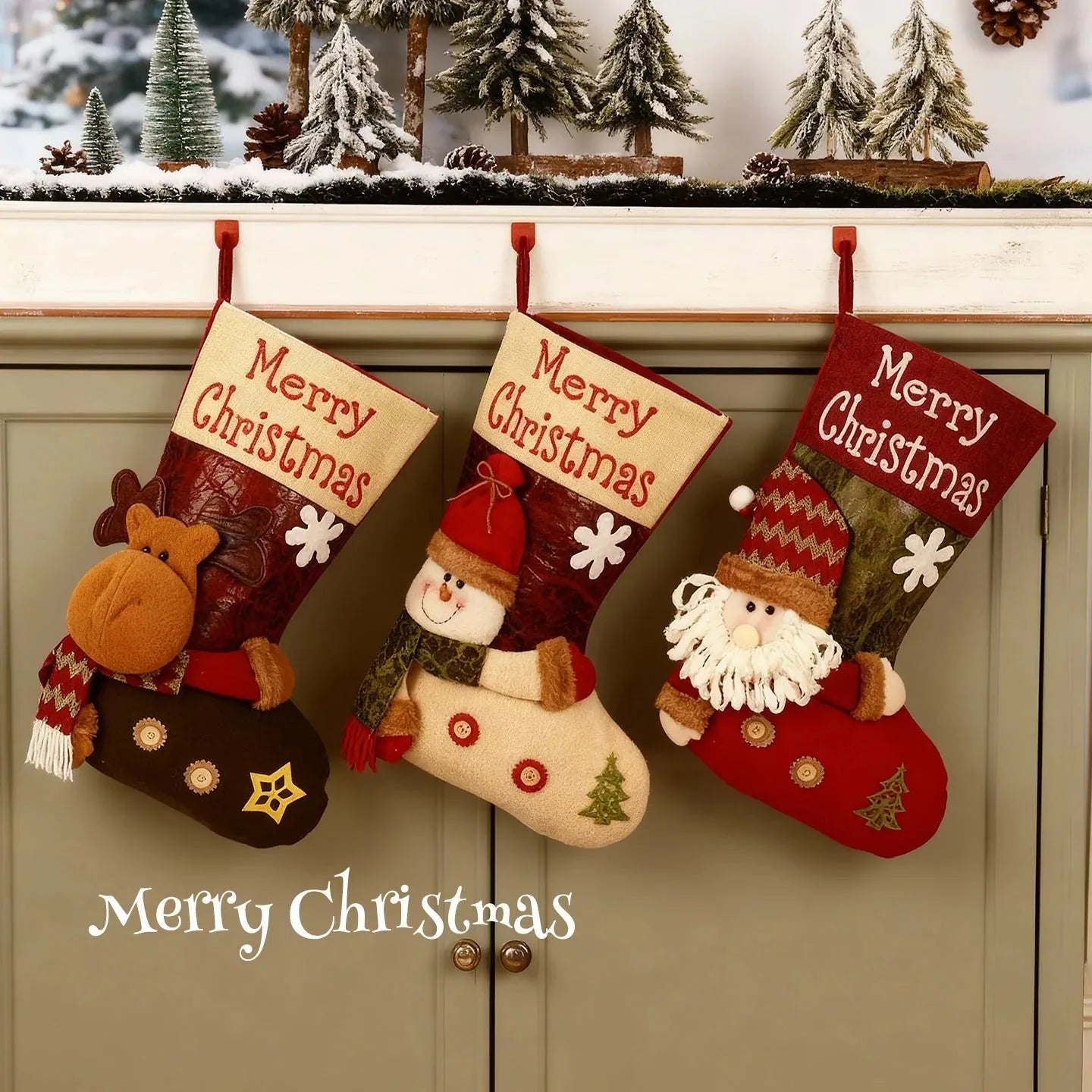 3D character Christmas stockings hanging on a mantel