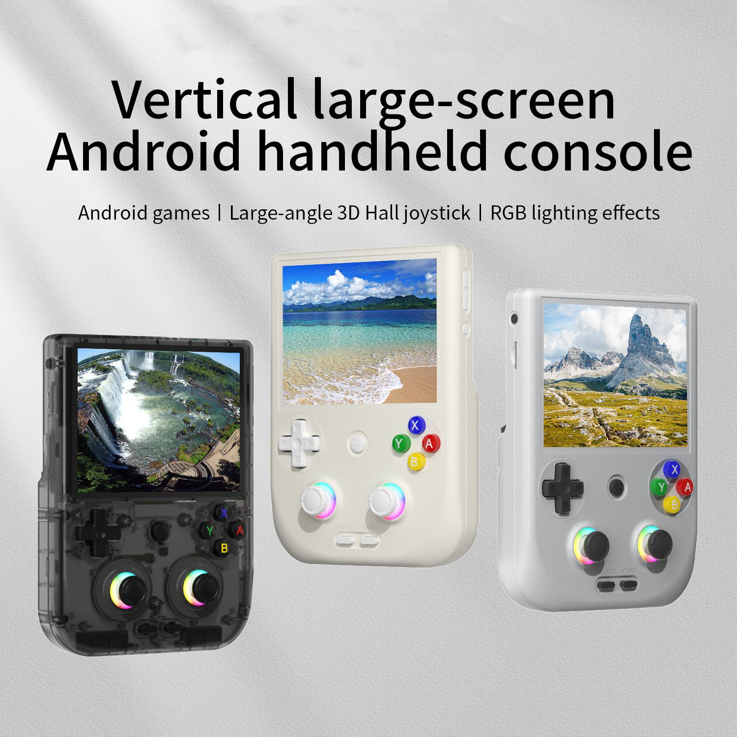 Vertical Android gaming handheld in three color variants
