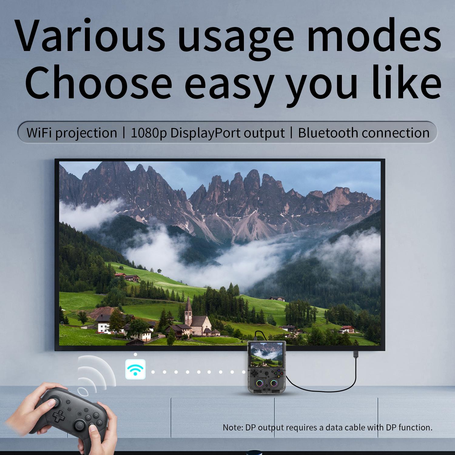 Connectivity options: WiFi projection, 1080p DisplayPort output, and Bluetooth
