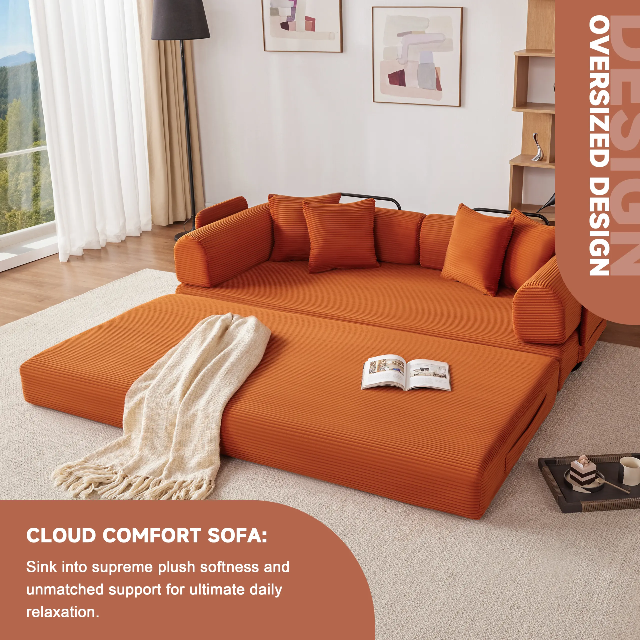 201-300 cm Convertible Sleeper Sofa Bed, Corduroy