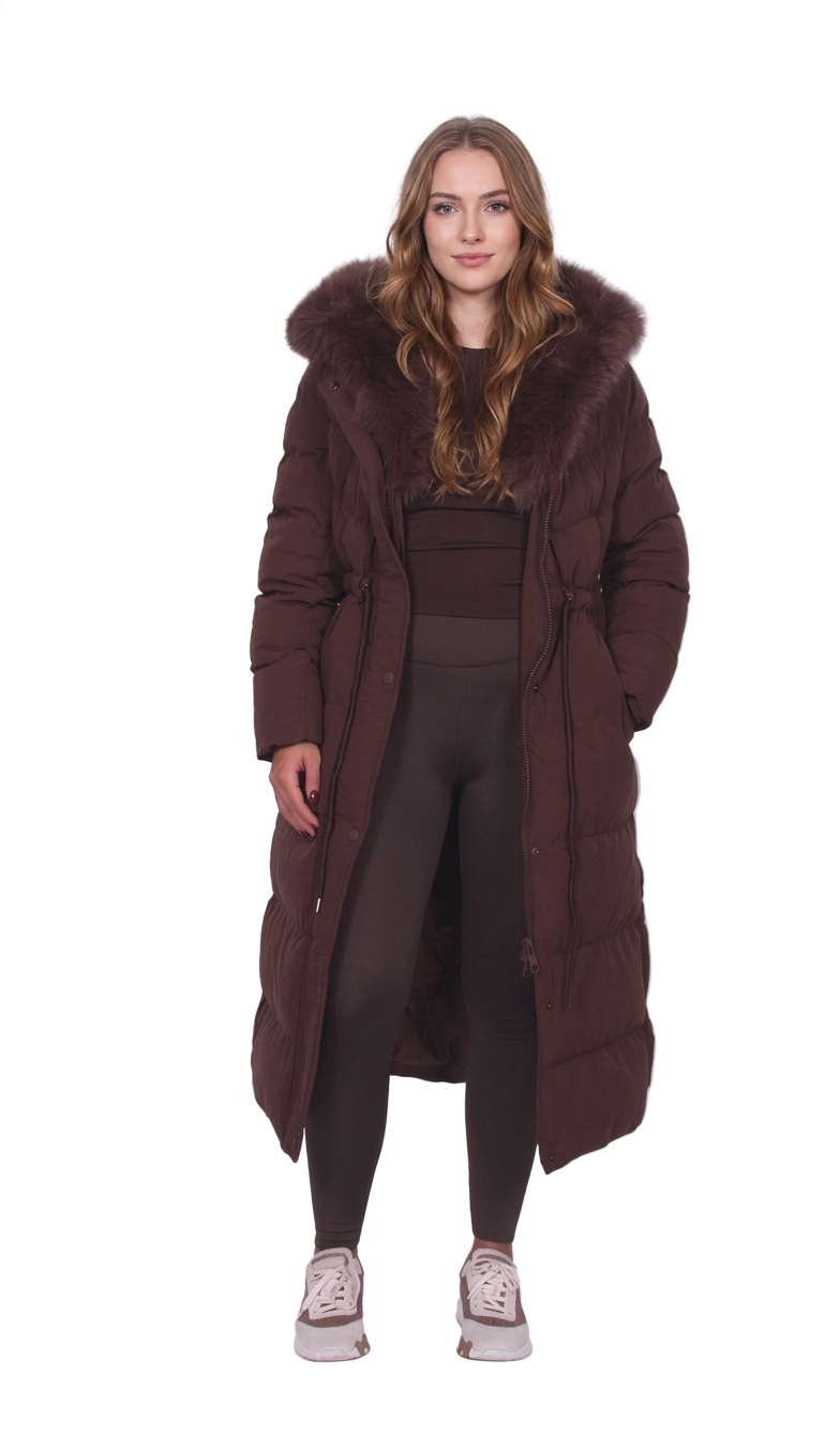 Long down coat with a fluffy, voluminous design