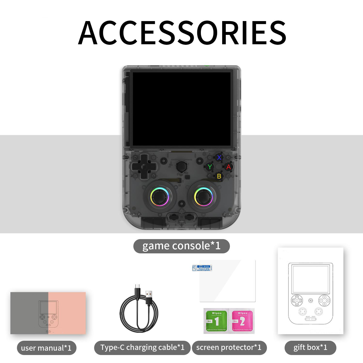 Accessories: game console, user manual, Type-C charging cable, screen protector, and gift box