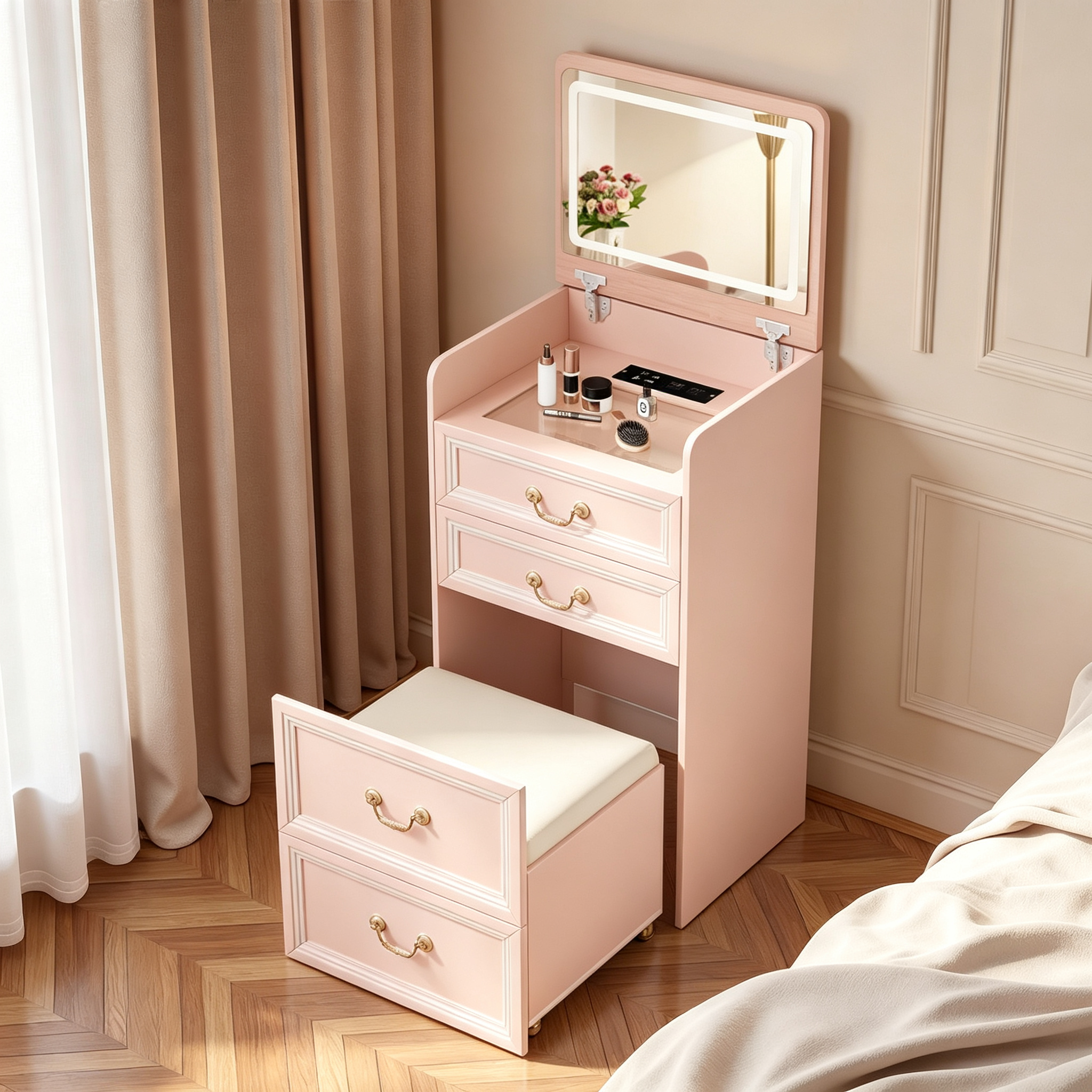 3-in-1 Vanity Desk with Charging Station & LED Lights