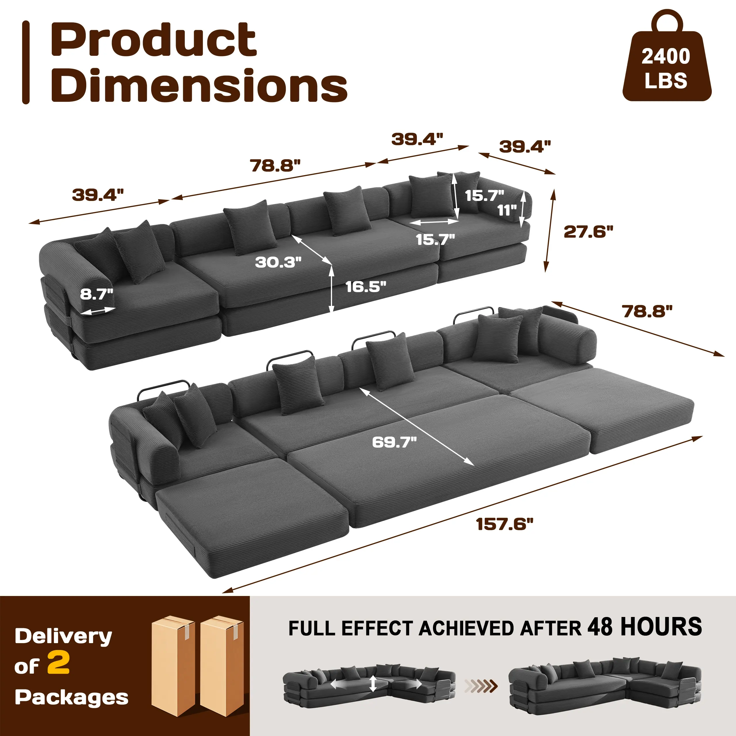 201-300 cm Convertible Sleeper Sofa Bed, Corduroy