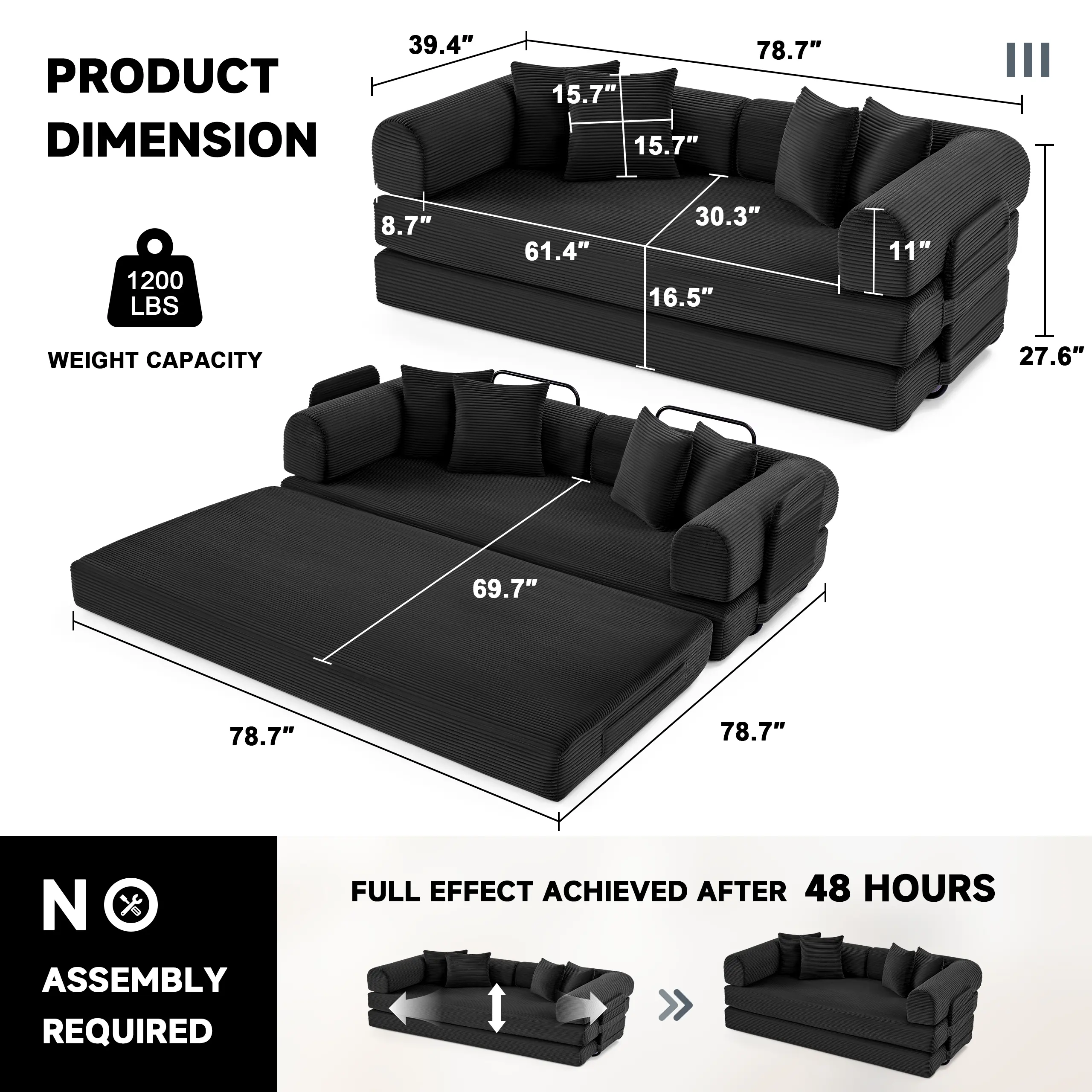 201-300 cm Convertible Sleeper Sofa Bed, Corduroy