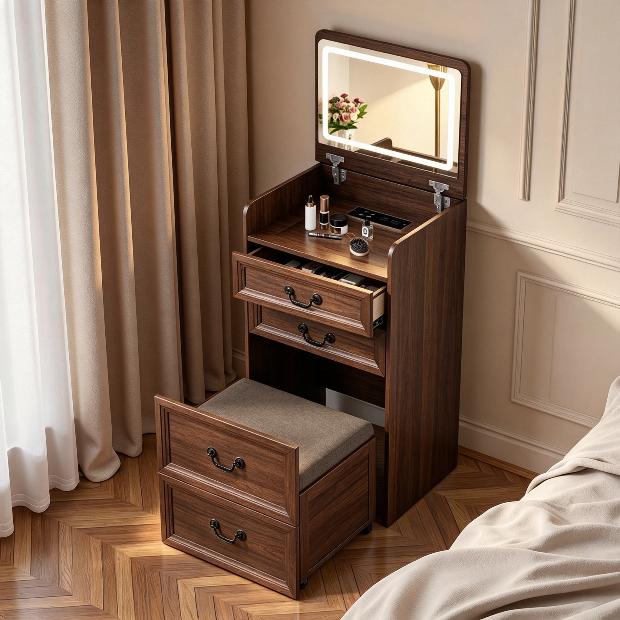 3-in-1 Vanity Desk with Charging Station & LED Lights