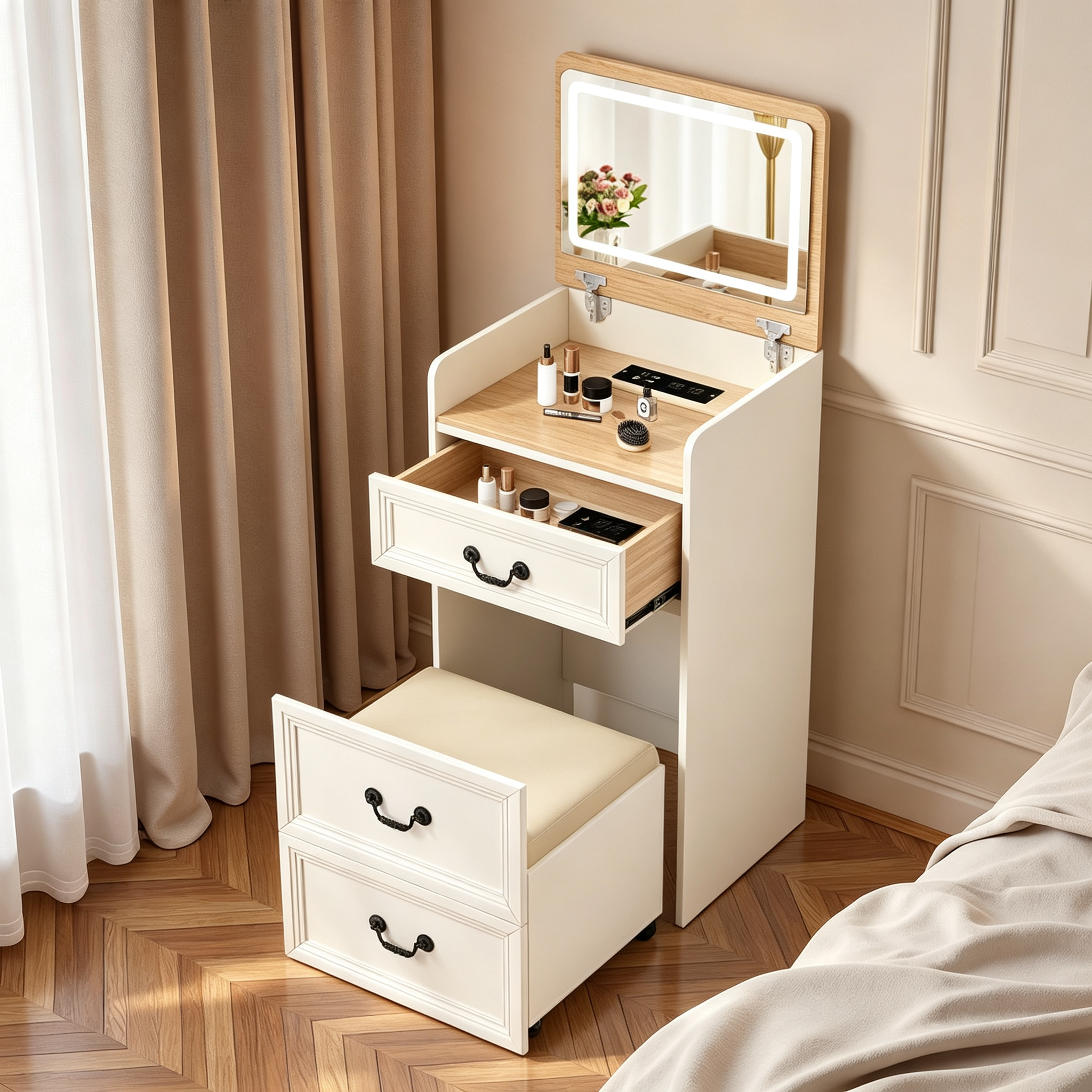 3-in-1 Vanity Desk with Charging Station & LED Lights