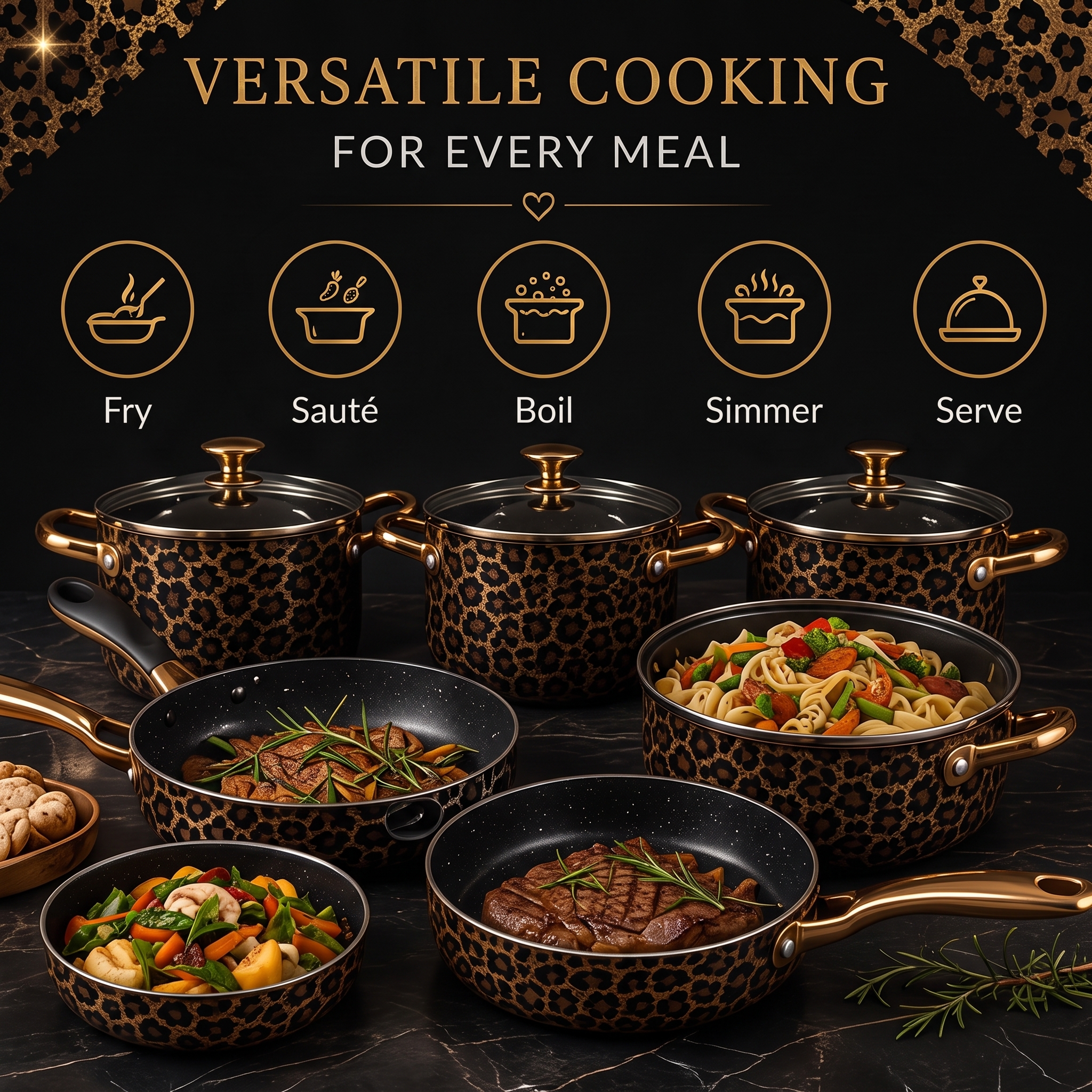 Luxury Black & Gold Non-Stick Cookware Set – Complete Kitchen Collection with Pots, Pans & Utensils