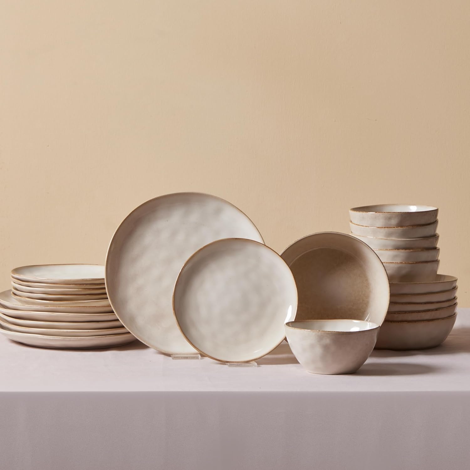 Aria Reactive Stoneware Plates & Bowls Sets - Ceramic Dinnerware Sets for 6, 24 Piece Microwave Safe Dish Set incl. Dinner Plate Set with Pasta Bowls, Side Plates and Cereal Bowl - Beige