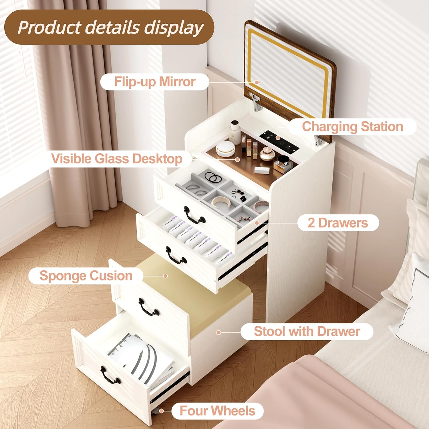 3-in-1 Vanity Desk with Charging Station & LED Lights
