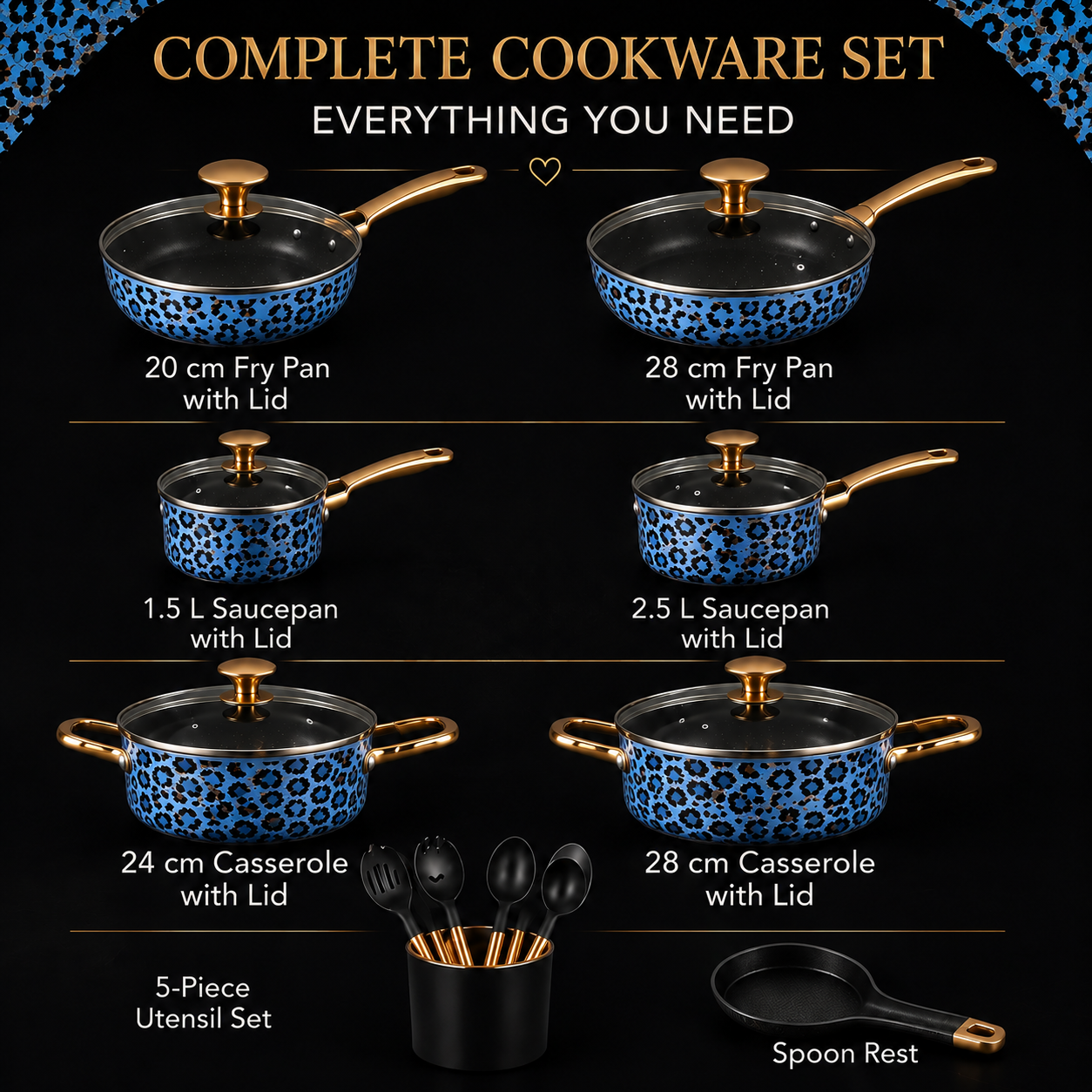 CLASSIC LEOPARD Luxury  Gold Non-Stick Cookware Set – 10 Piece Premium Kitchen Pan Set with Lids & Utensils