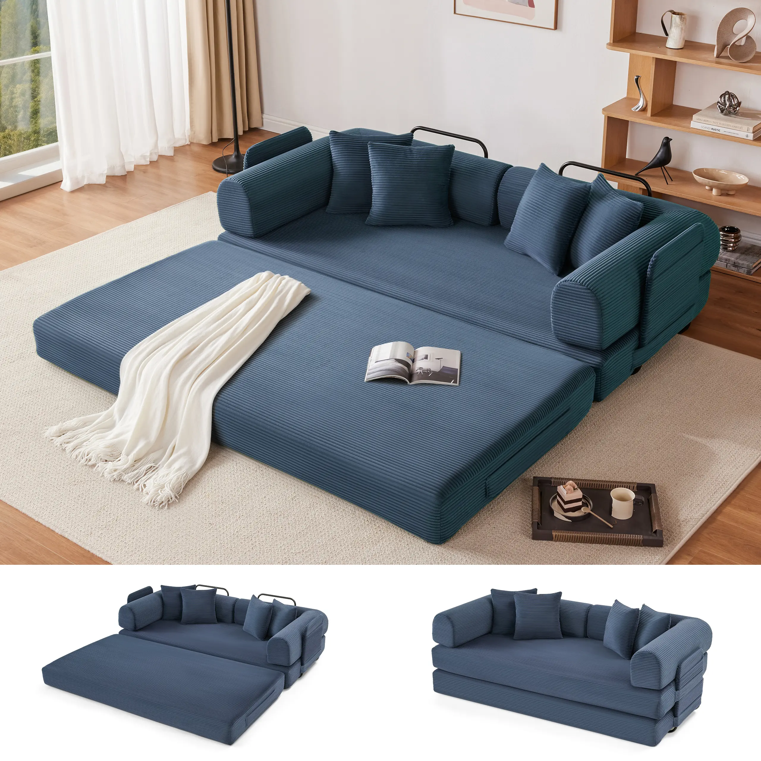 5-in-1 Convertible Sofa Bed – Soft Corduroy Modular Couch with 4 Pillows for Living Rooms, Guest Rooms & Kids’ Spaces