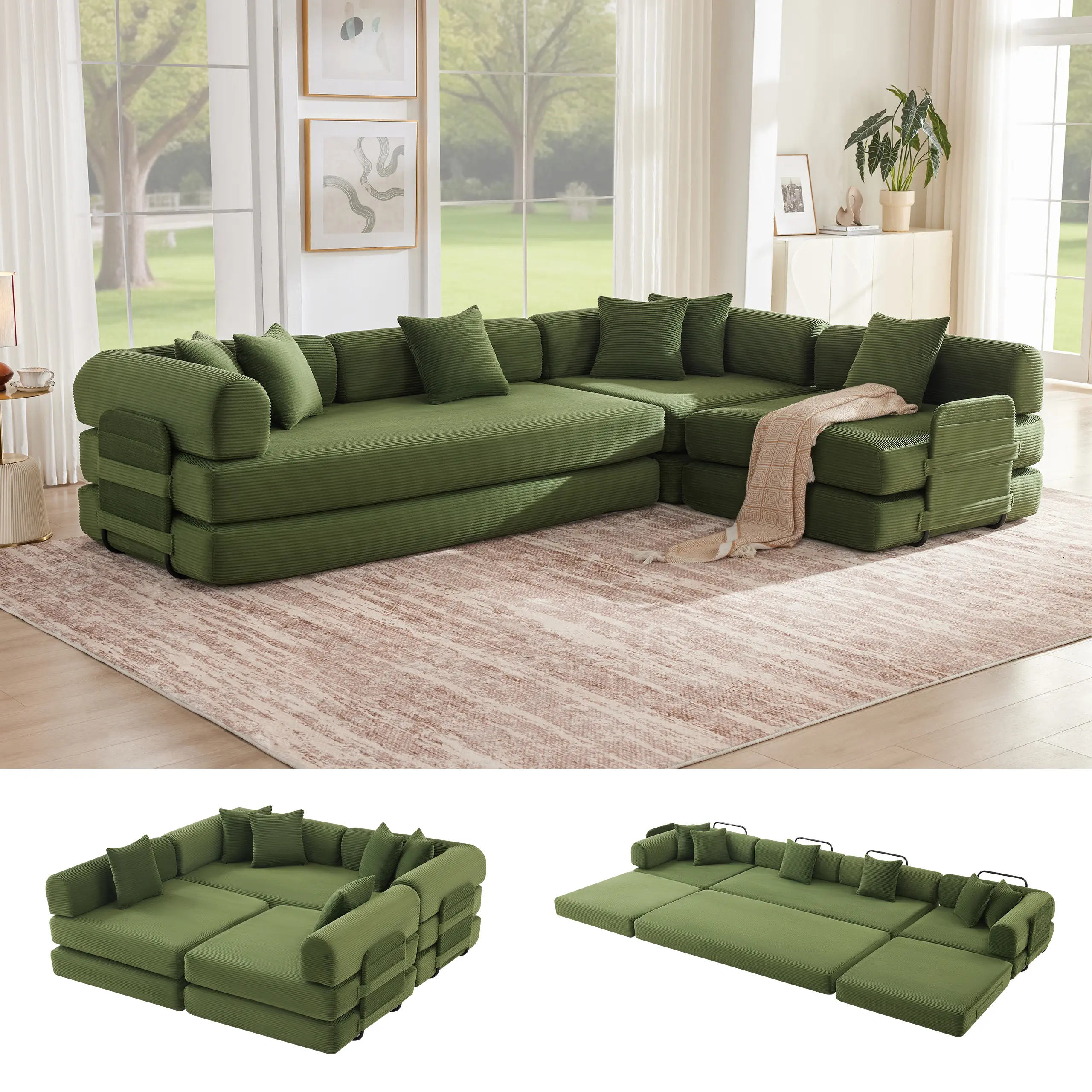 5-in-1 Convertible Sofa Bed – Soft Corduroy Modular Couch with 4 Pillows for Living Rooms, Guest Rooms & Kids’ Spaces