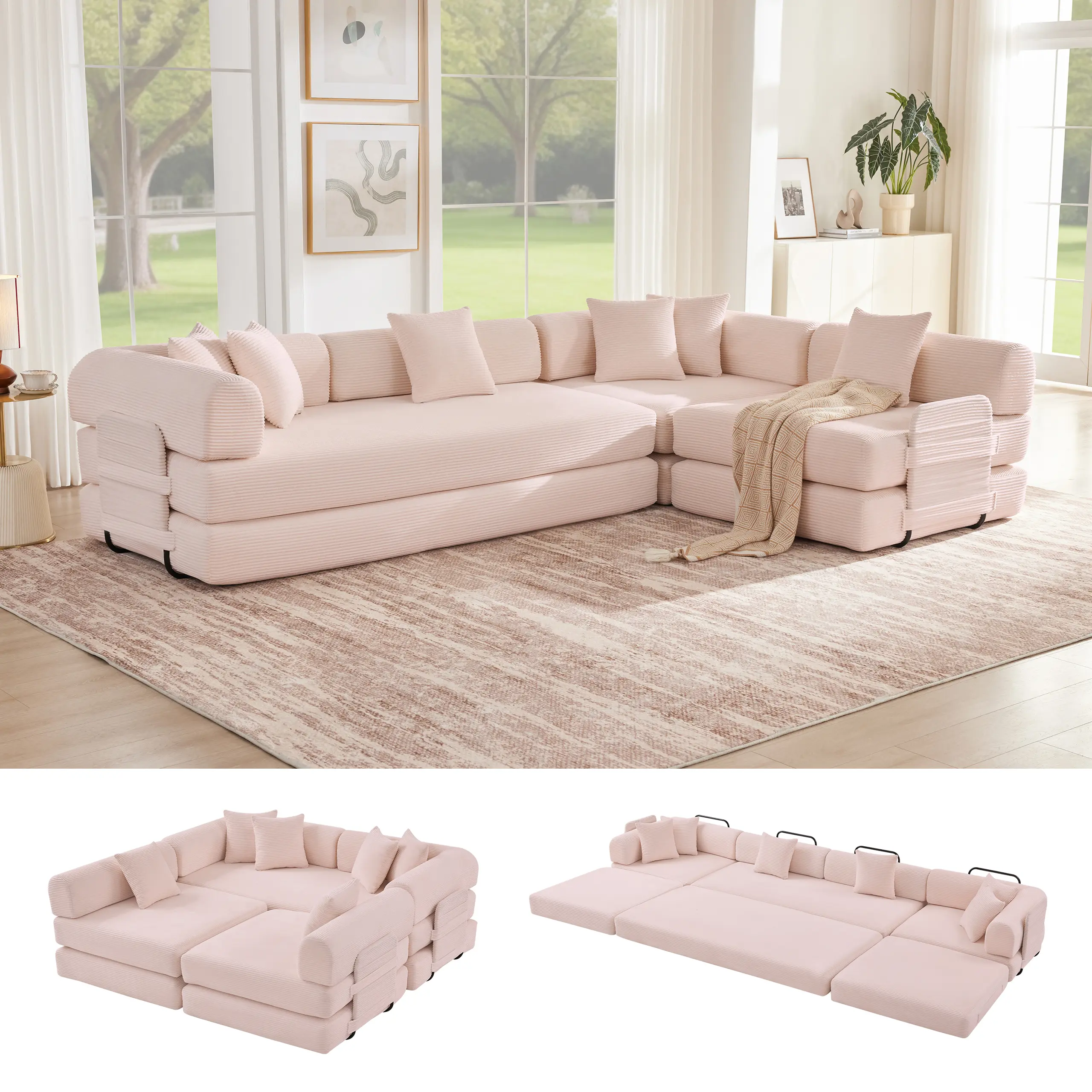 5-in-1 Convertible Sofa Bed – Soft Corduroy Modular Couch with 4 Pillows for Living Rooms, Guest Rooms & Kids’ Spaces