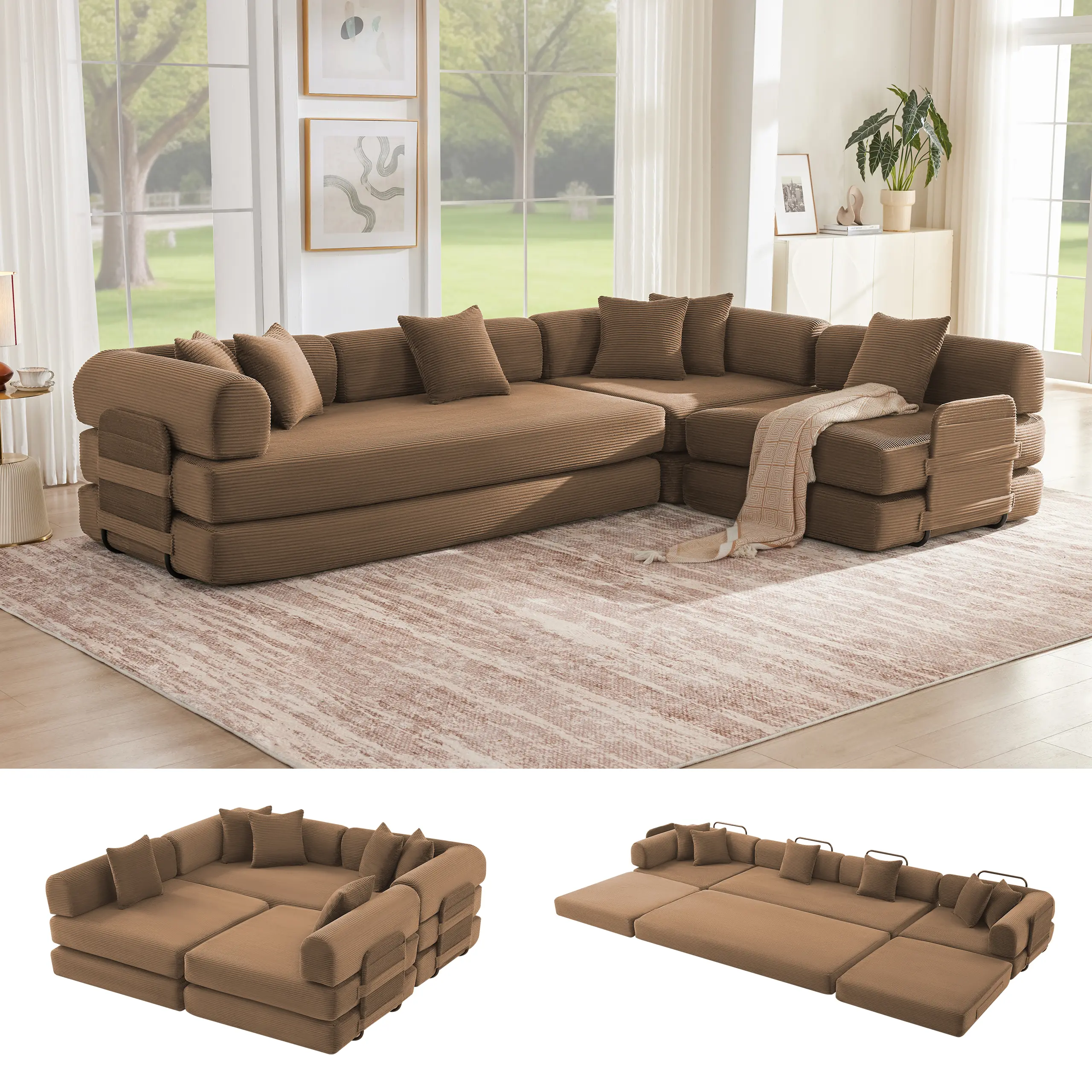 5-in-1 Convertible Sofa Bed – Soft Corduroy Modular Couch with 4 Pillows for Living Rooms, Guest Rooms & Kids’ Spaces