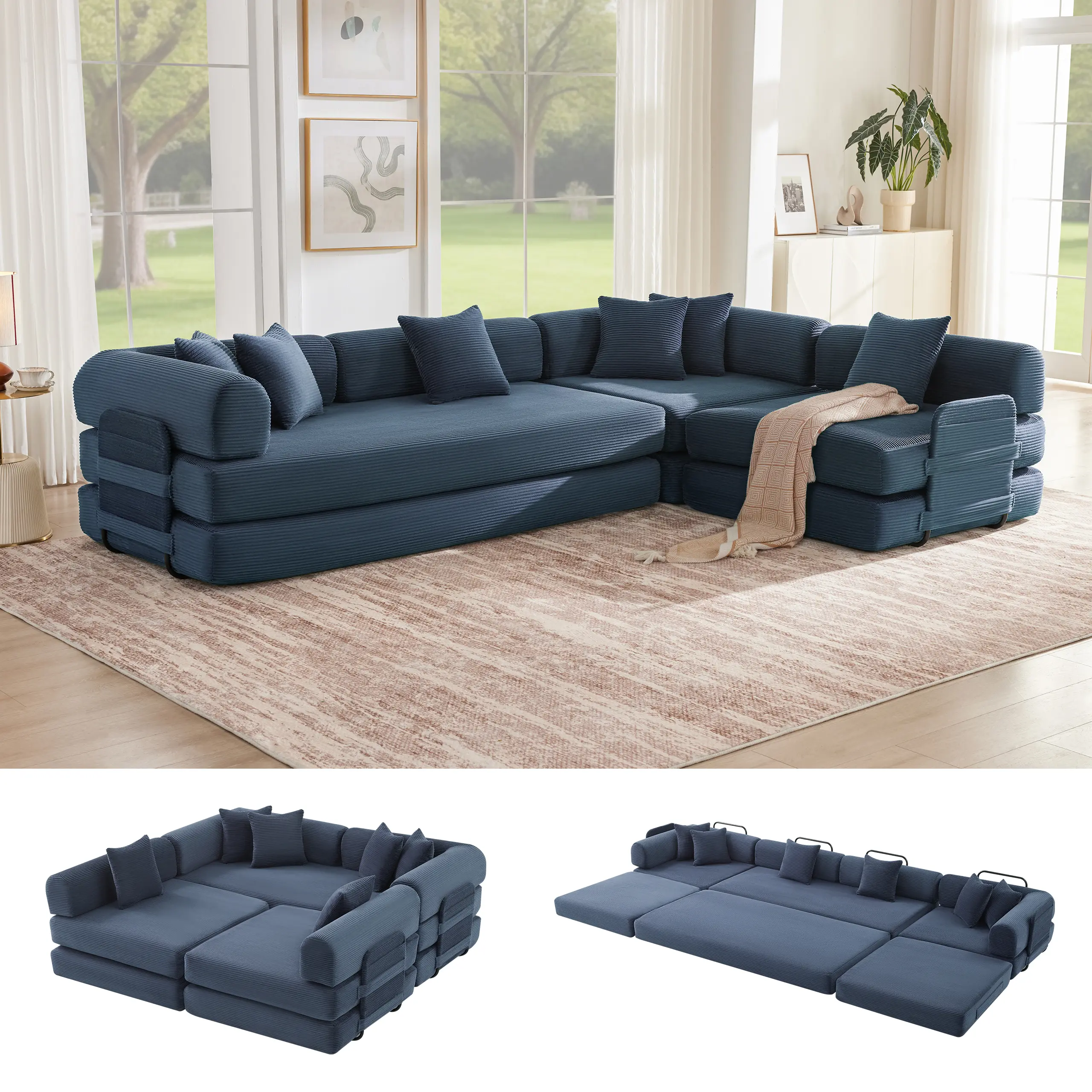 5-in-1 Convertible Sofa Bed – Soft Corduroy Modular Couch with 4 Pillows for Living Rooms, Guest Rooms & Kids’ Spaces