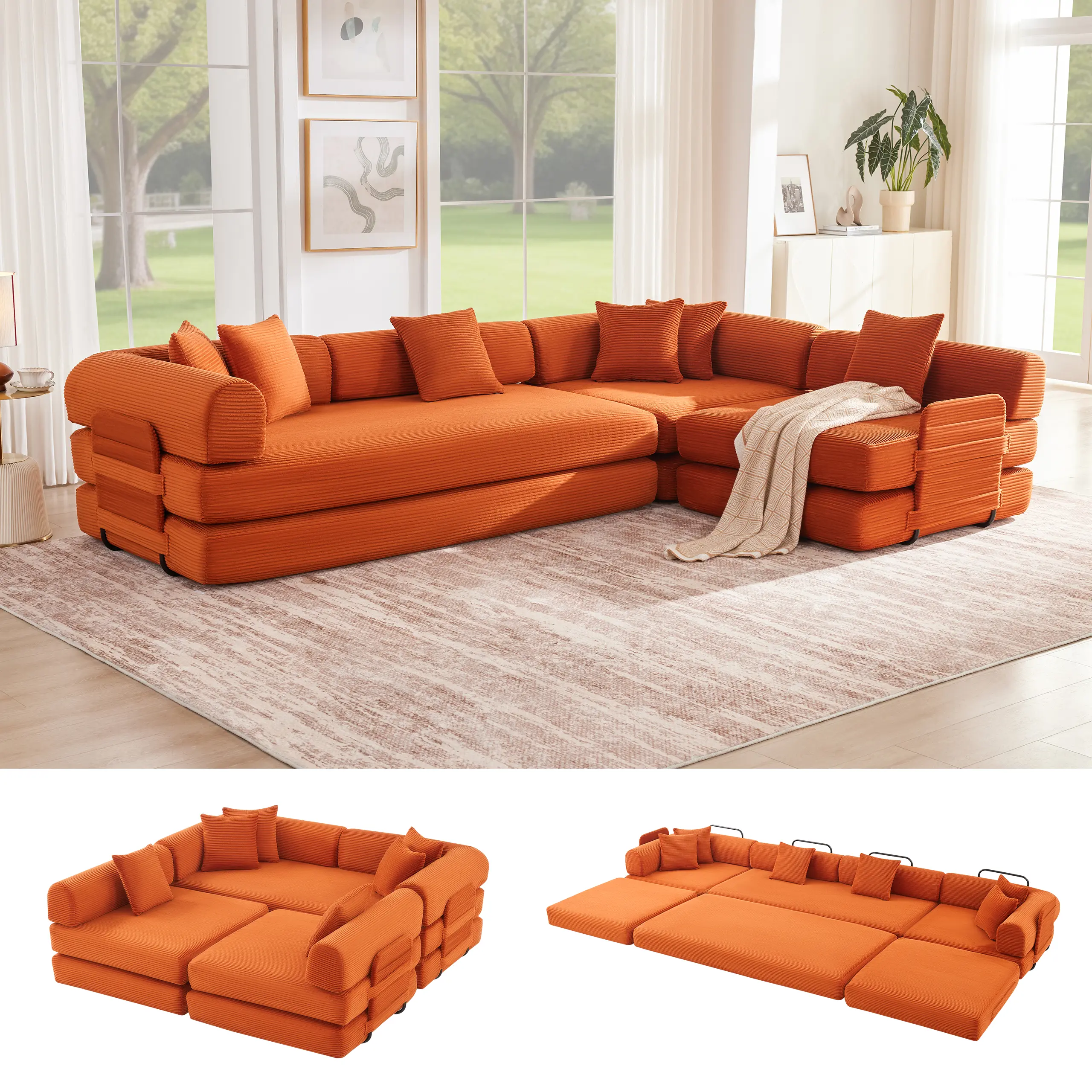 5-in-1 Convertible Sofa Bed – Soft Corduroy Modular Couch with 4 Pillows for Living Rooms, Guest Rooms & Kids’ Spaces