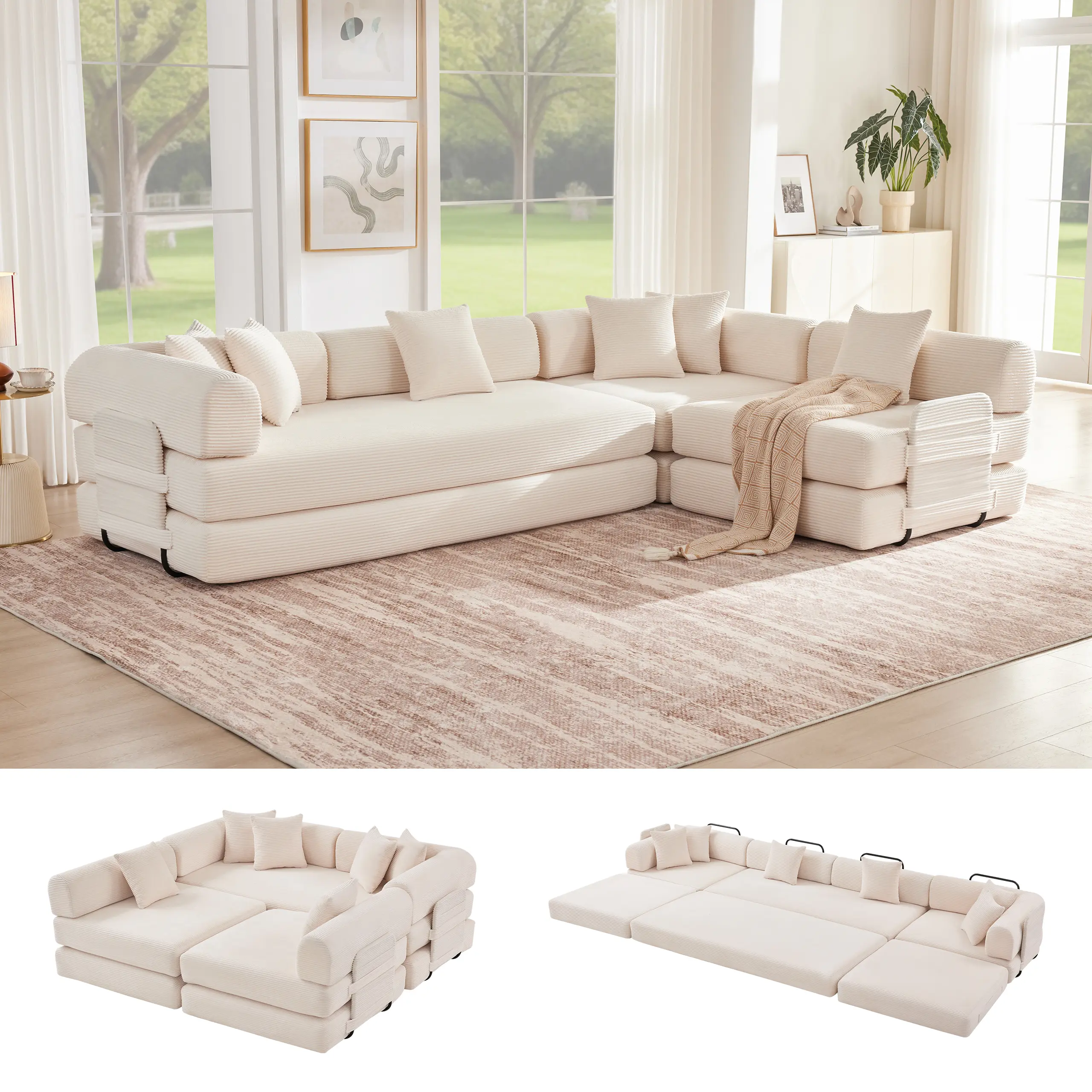 5-in-1 Convertible Sofa Bed – Soft Corduroy Modular Couch with 4 Pillows for Living Rooms, Guest Rooms & Kids’ Spaces