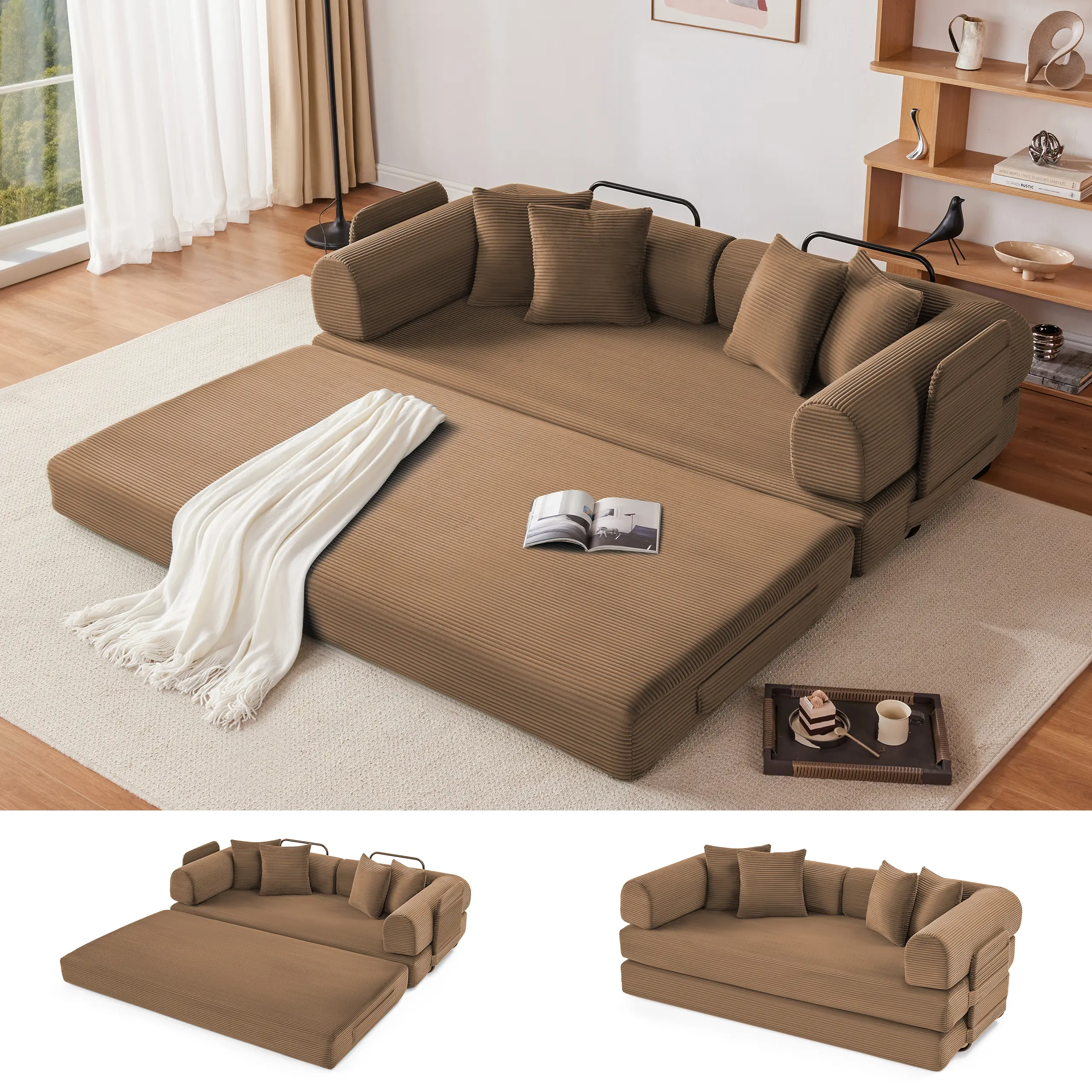 5-in-1 Convertible Sofa Bed – Soft Corduroy Modular Couch with 4 Pillows for Living Rooms, Guest Rooms & Kids’ Spaces