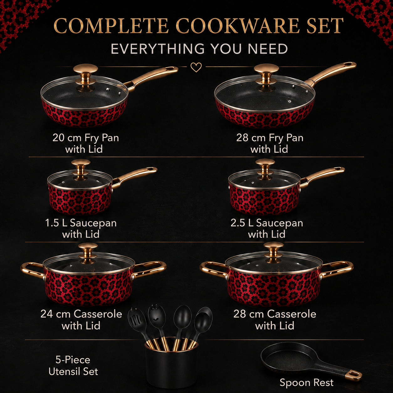 CLASSIC LEOPARD Luxury  Gold Non-Stick Cookware Set – 10 Piece Premium Kitchen Pan Set with Lids & Utensils