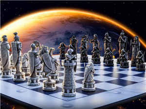 Sculptural chess pieces on an illuminated board with a planetary backdrop