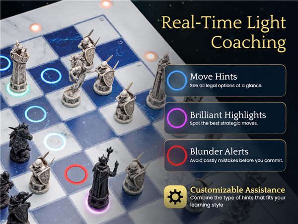 Light coaching with move hints and blunder alerts on the smart board