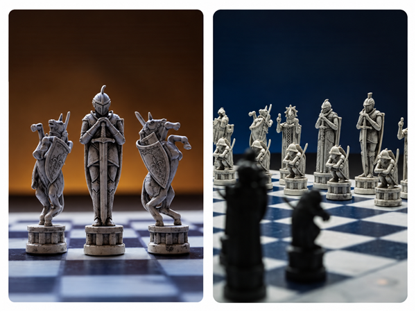 Sculptural figures and an arranged set of chess pieces