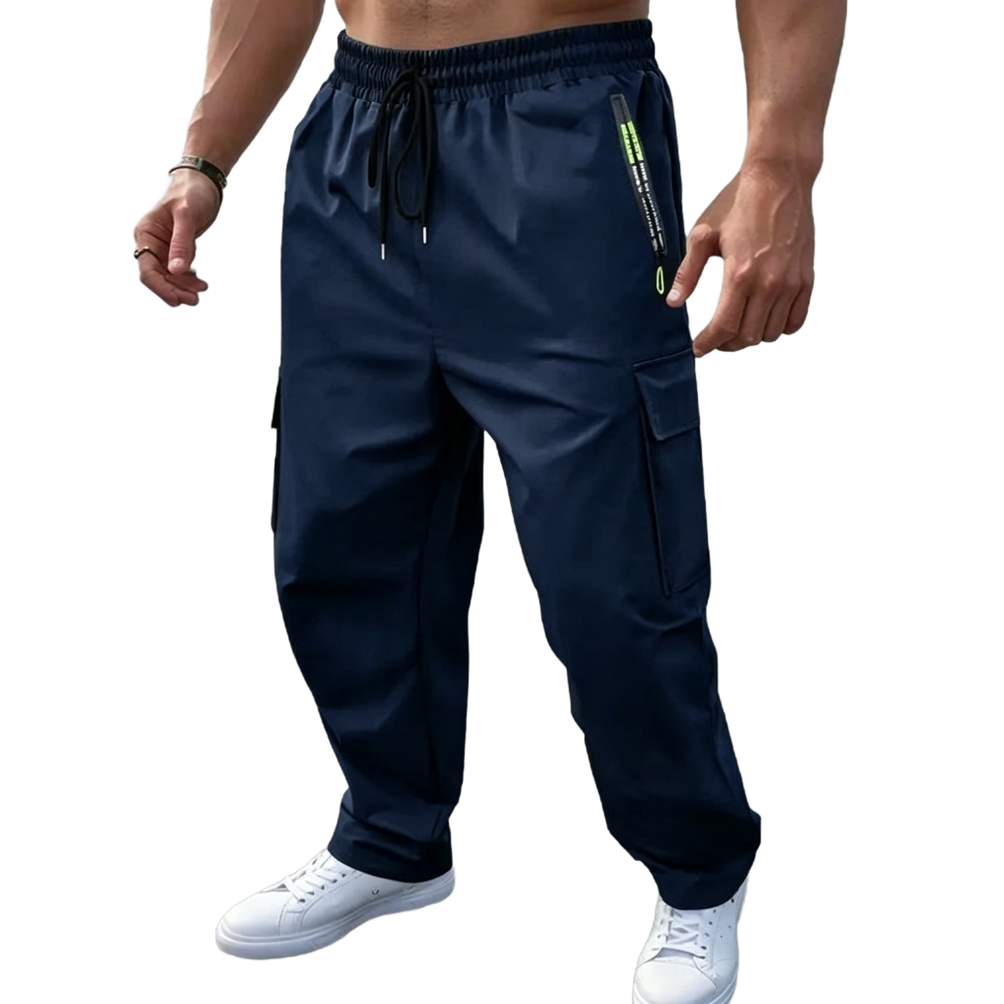 Men's Plain Cargo Pants - Multi-Pocket, Straight Leg, Non-Stretch Woven Fabric, Adjustable Drawstring Waist