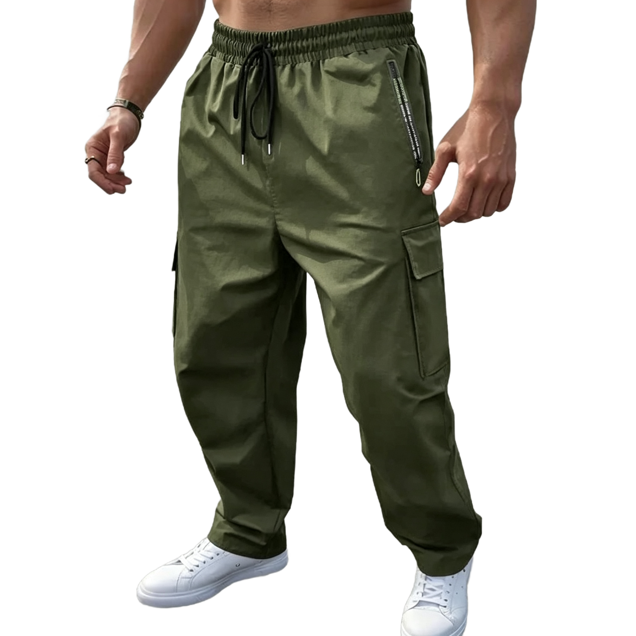 Men's Plain Cargo Pants - Multi-Pocket, Straight Leg, Non-Stretch Woven Fabric, Adjustable Drawstring Waist