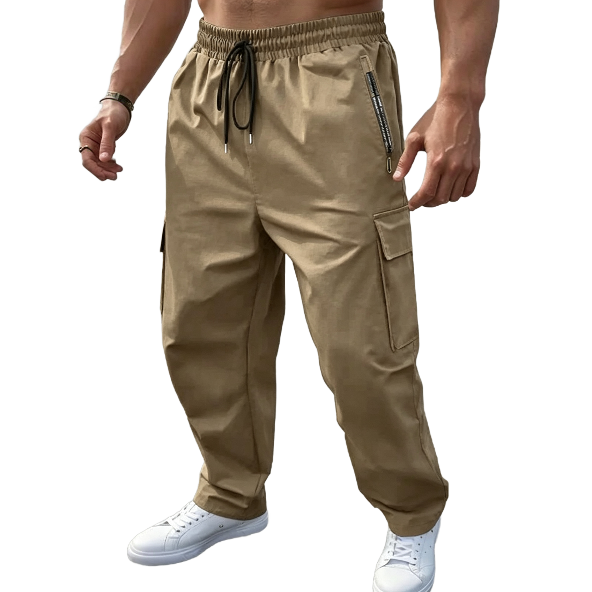 Men's Plain Cargo Pants - Multi-Pocket, Straight Leg, Non-Stretch Woven Fabric, Adjustable Drawstring Waist
