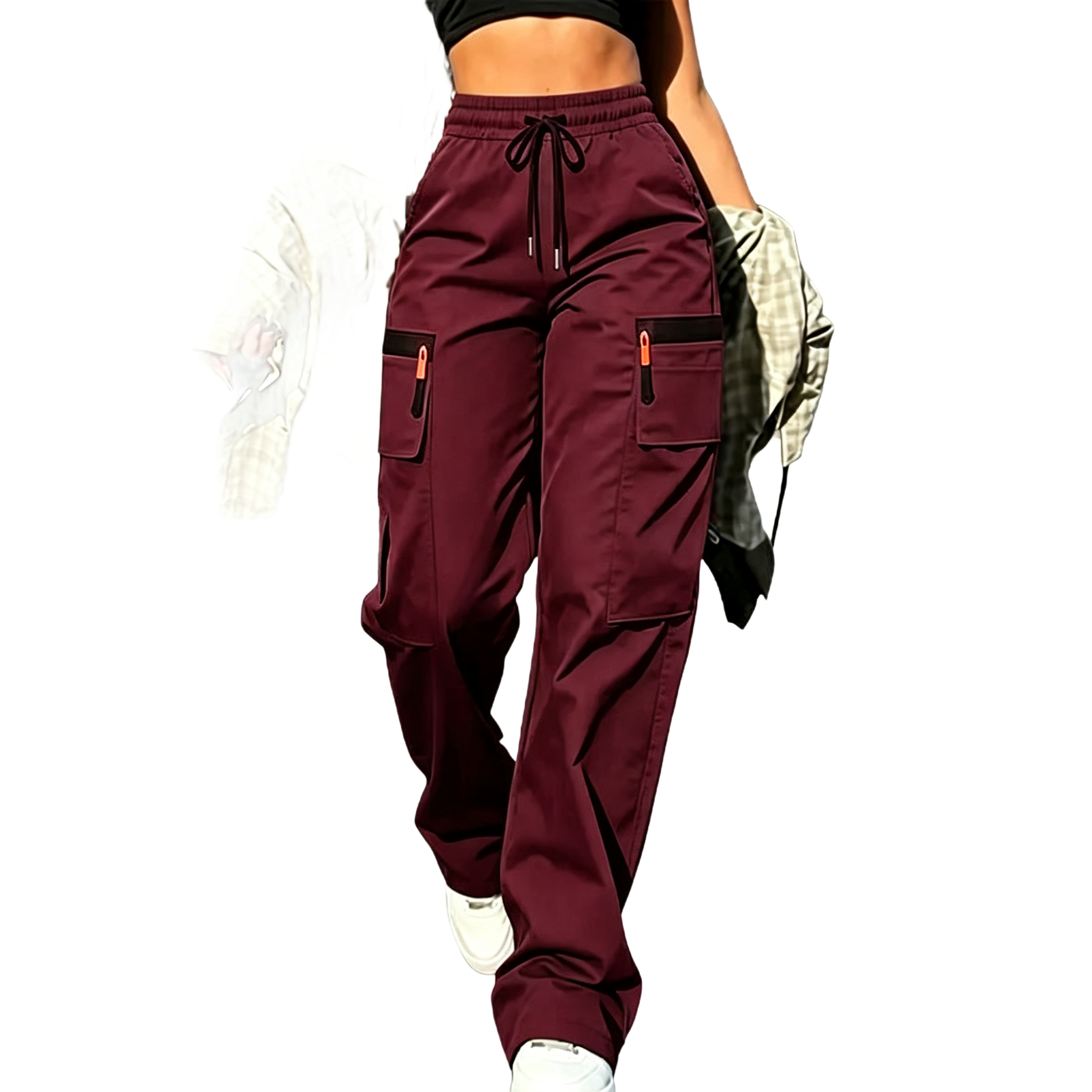 Women’s Cargo Pants — Solid Color, Anti-theft Zipper Pocket Design