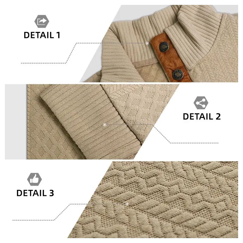 Men's Stand Collar Jacquard Knit Pullover Sweater, Micro Stretch 100% Polyester Long Sleeve Elbow Patch Casual Outdoor Sweatshirt for Spring Autumn