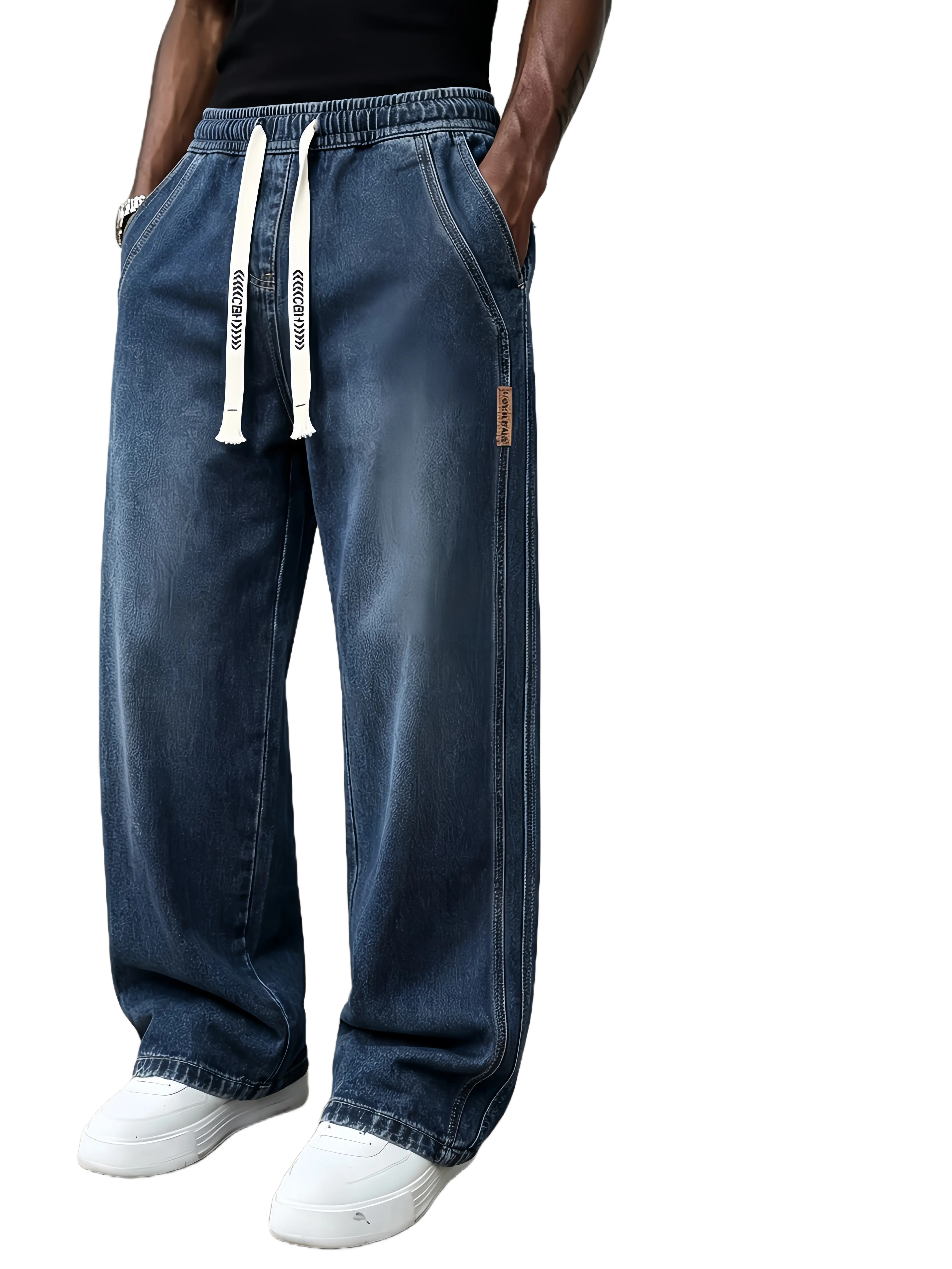Men's Drawstring Elastic Waist Straight‑Leg Jeans, Plain Versatile Non‑Stretch Denim Pants & Vintage Washed Stretch Denim Jeans