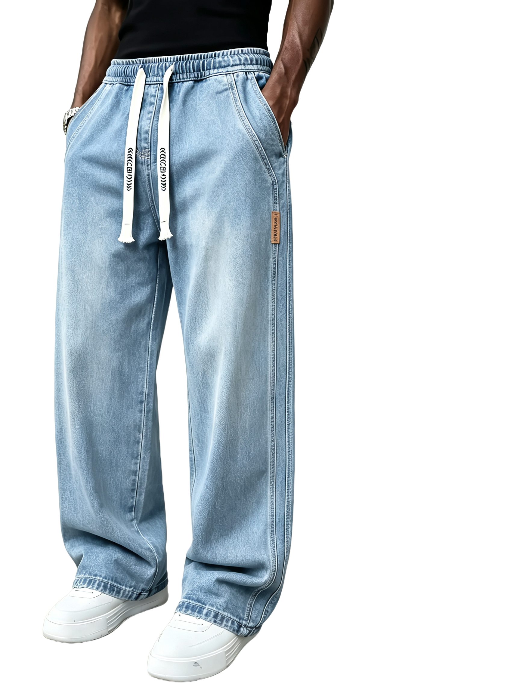 Men's Drawstring Elastic Waist Straight‑Leg Jeans, Plain Versatile Non‑Stretch Denim Pants & Vintage Washed Stretch Denim Jeans