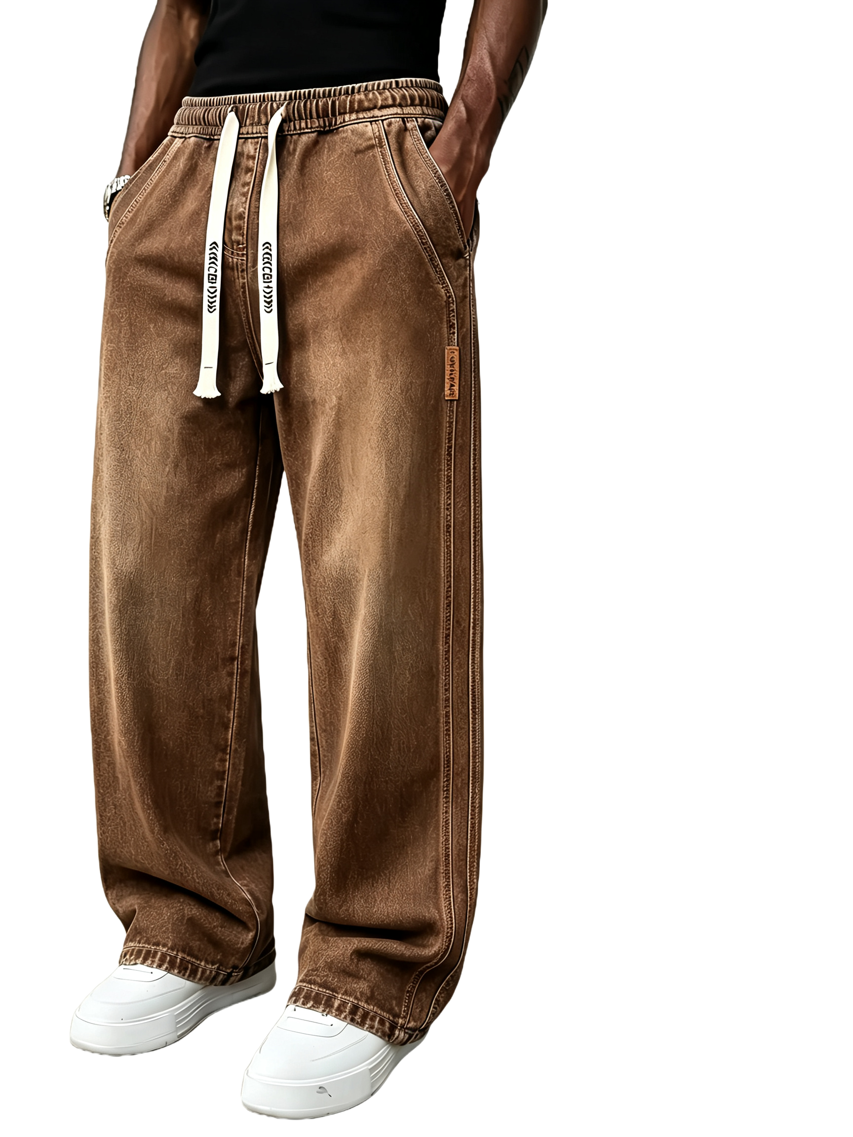 Men's Drawstring Elastic Waist Straight‑Leg Jeans, Plain Versatile Non‑Stretch Denim Pants & Vintage Washed Stretch Denim Jeans